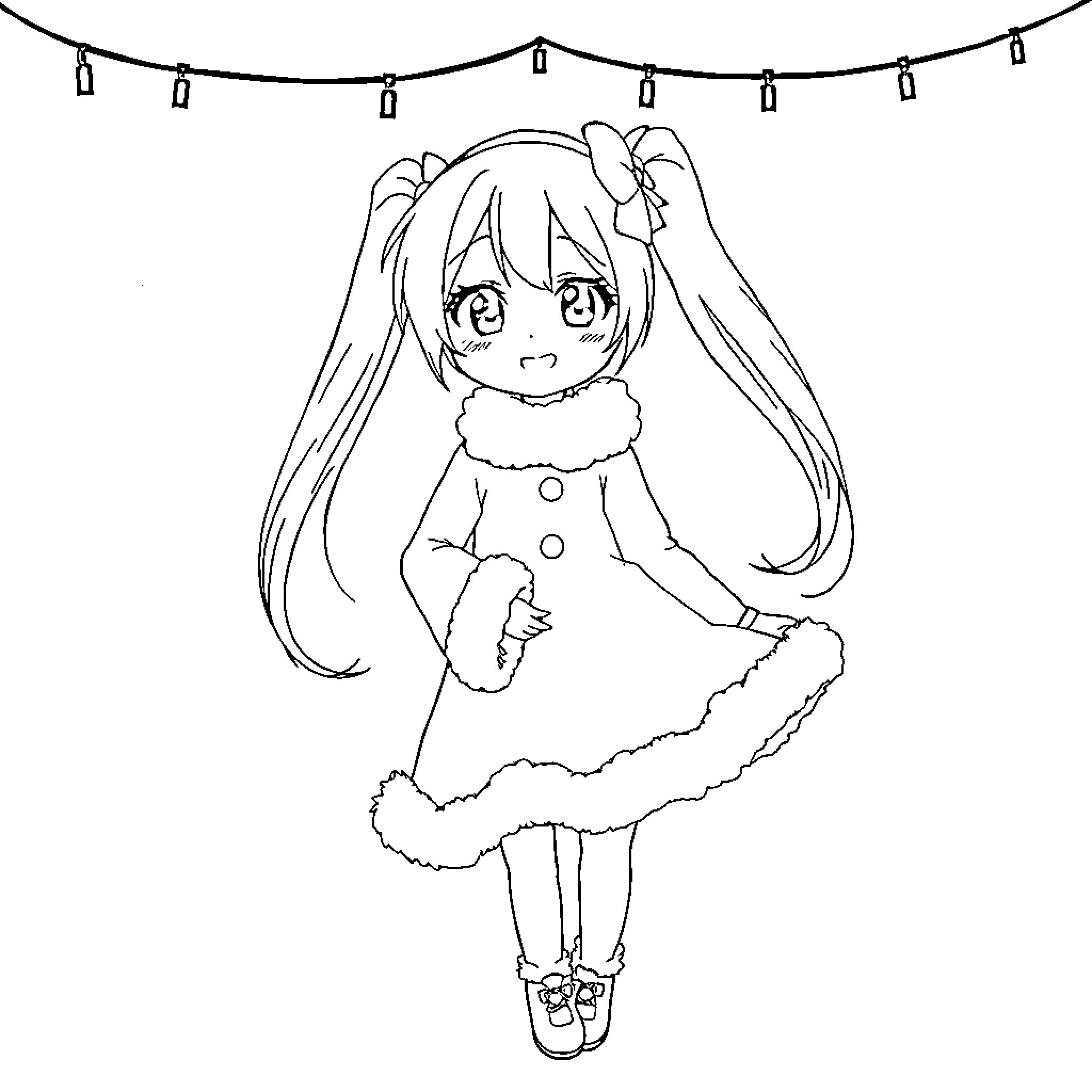 Miku's Festive Delight Coloring Page (free black-and-white line drawing printable PDF for all, from beginners to advanced learners, including children, teens, adults, and seniors)