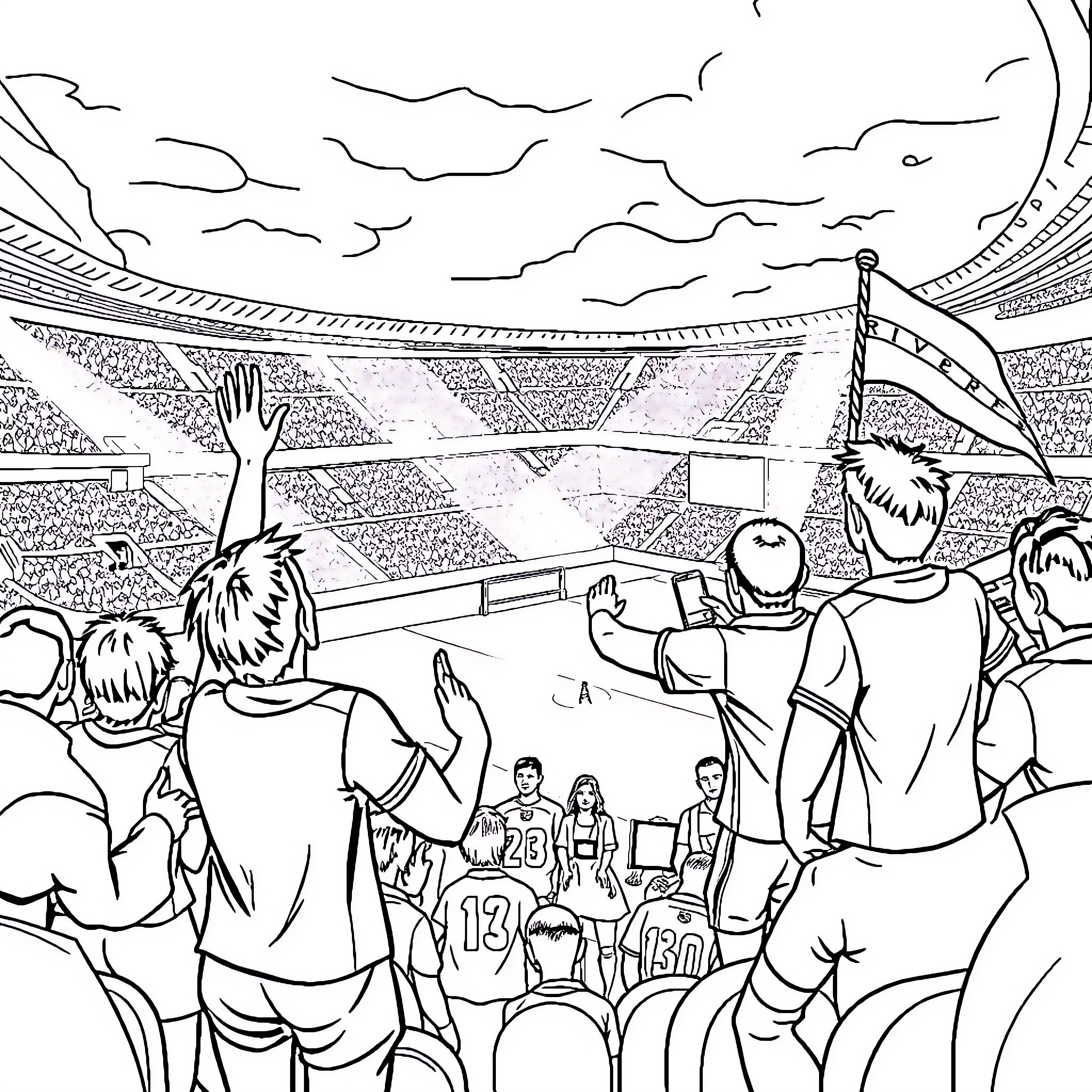 River Plate Fans Cheering Passionately in Stadium Coloring Page (free black-and-white line drawing printable PDF for all, from beginners to advanced learners, including children, teens, adults, and seniors)