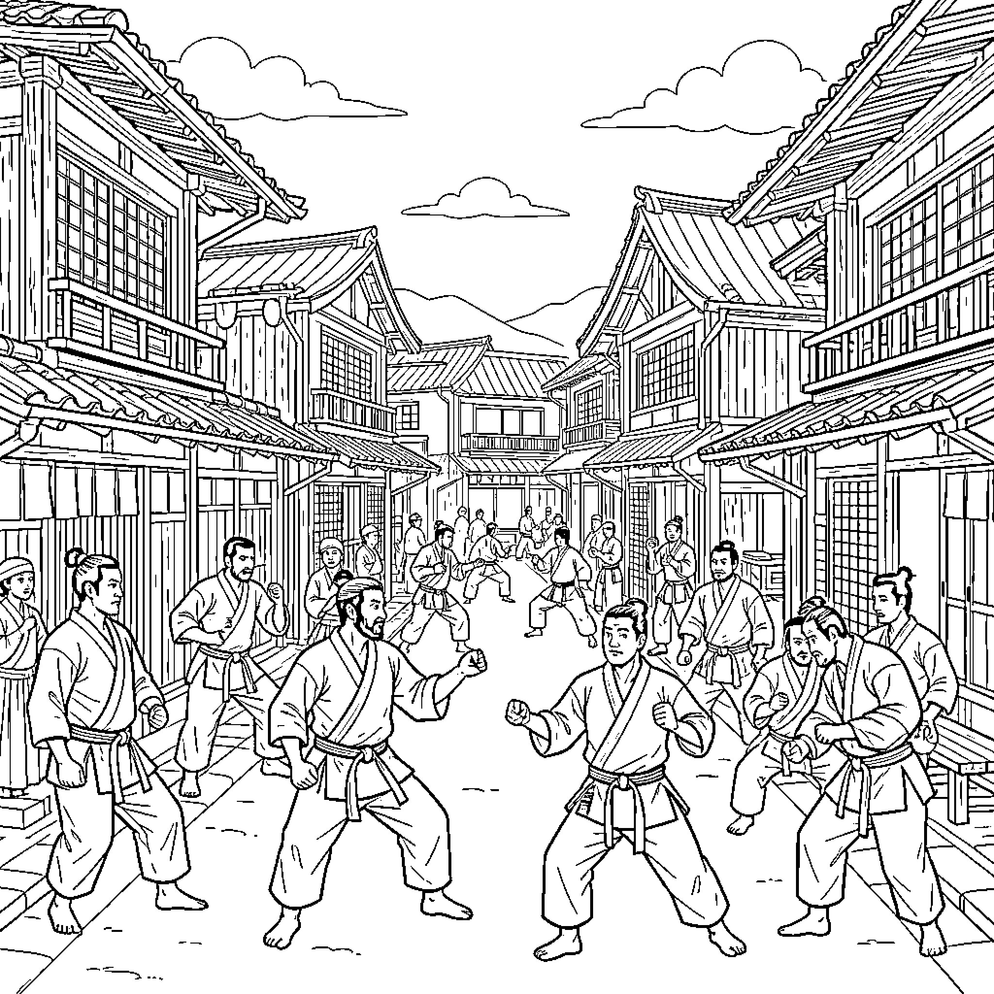 Karate Practitioners Demonstrating Techniques in Traditional Setting Coloring Page (free black-and-white line drawing printable PDF for all, from beginners to advanced learners, including children, teens, adults, and seniors)