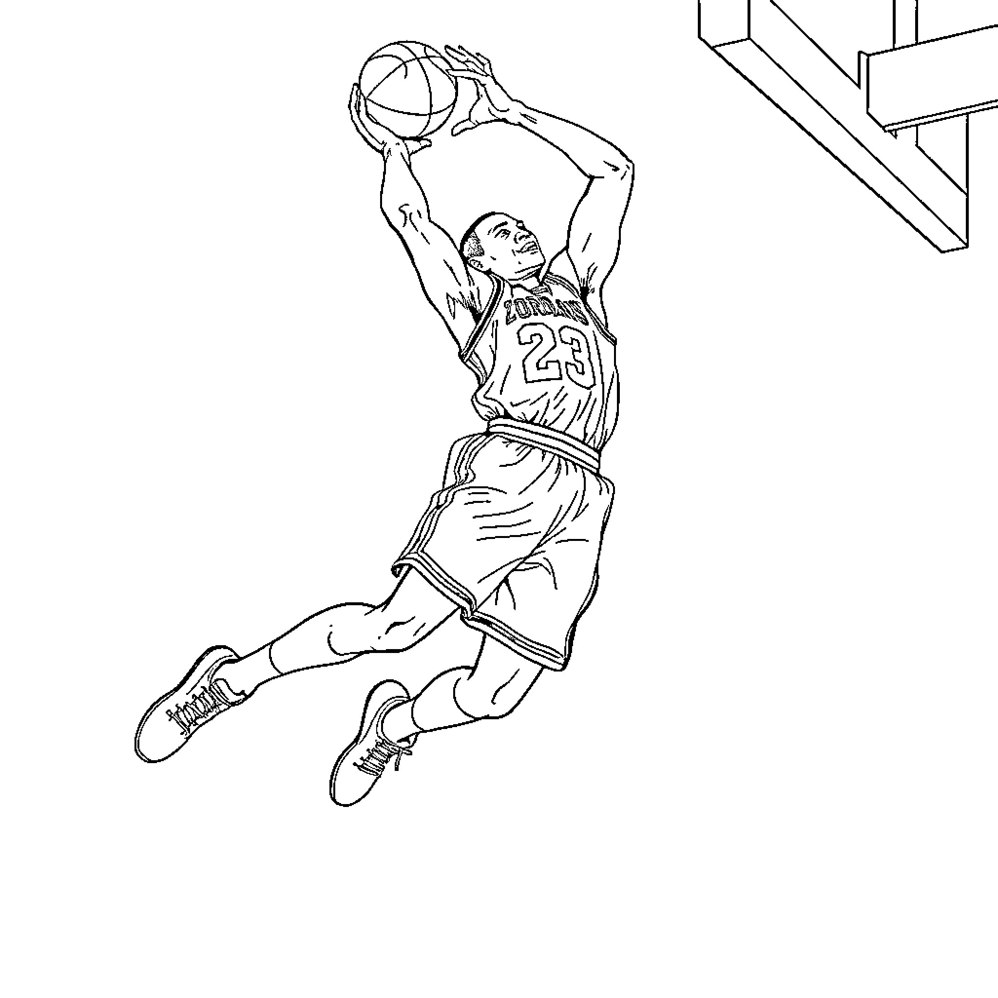 Michael Jordan Dunking Basketball Coloring Page (free black-and-white line drawing printable PDF for all, from beginners to advanced learners, including children, teens, adults, and seniors)