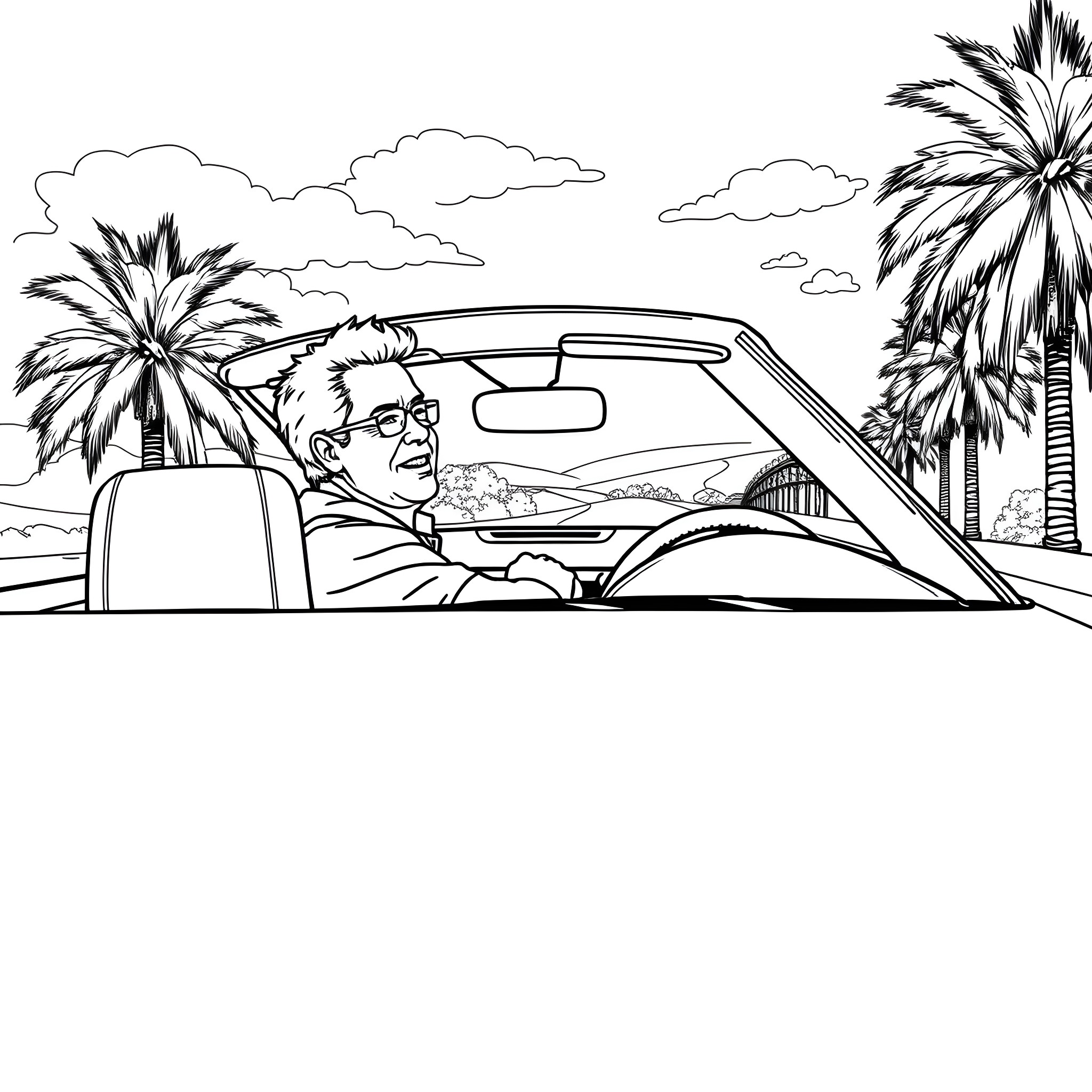 Jay Leno enjoying a scenic drive in his car Coloring Page (free black-and-white line drawing printable PDF for all, from beginners to advanced learners, including children, teens, adults, and seniors)