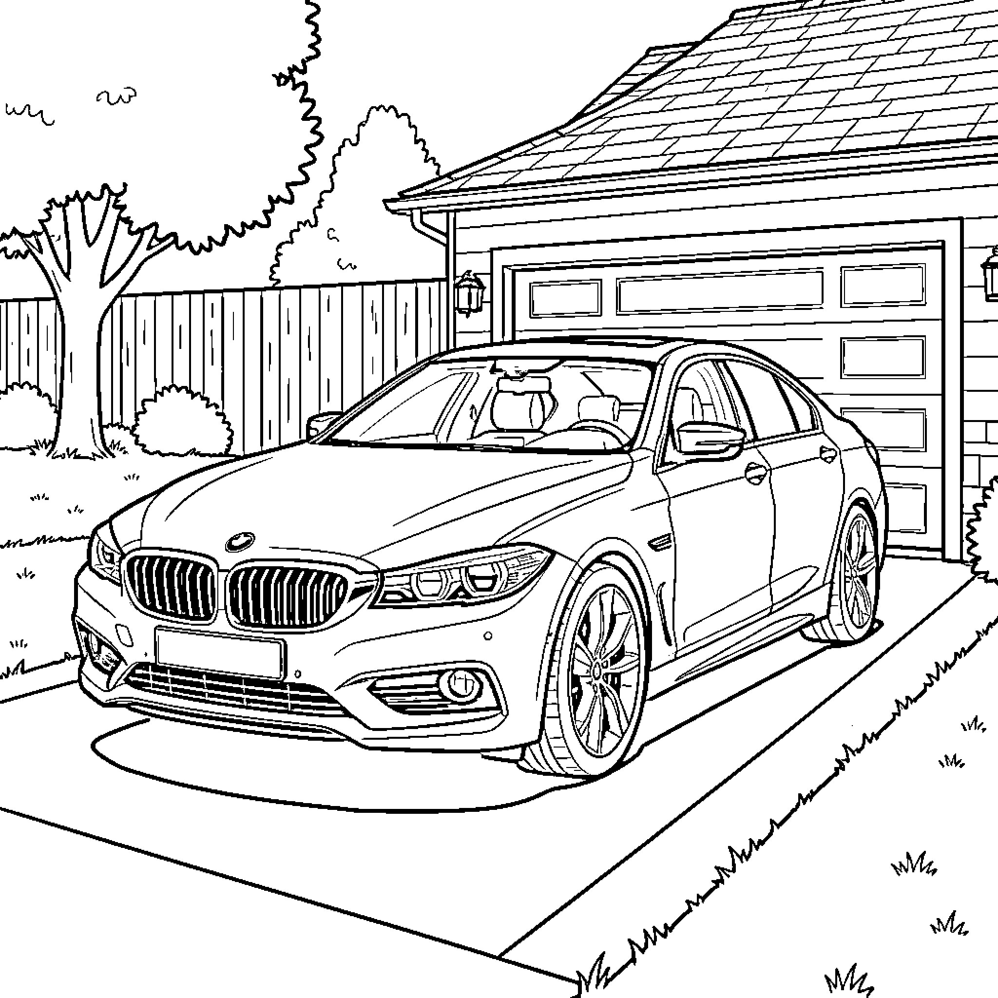 Car parked in front of a house Coloring Page (free black-and-white line drawing printable PDF for all, from beginners to advanced learners, including children, teens, adults, and seniors)