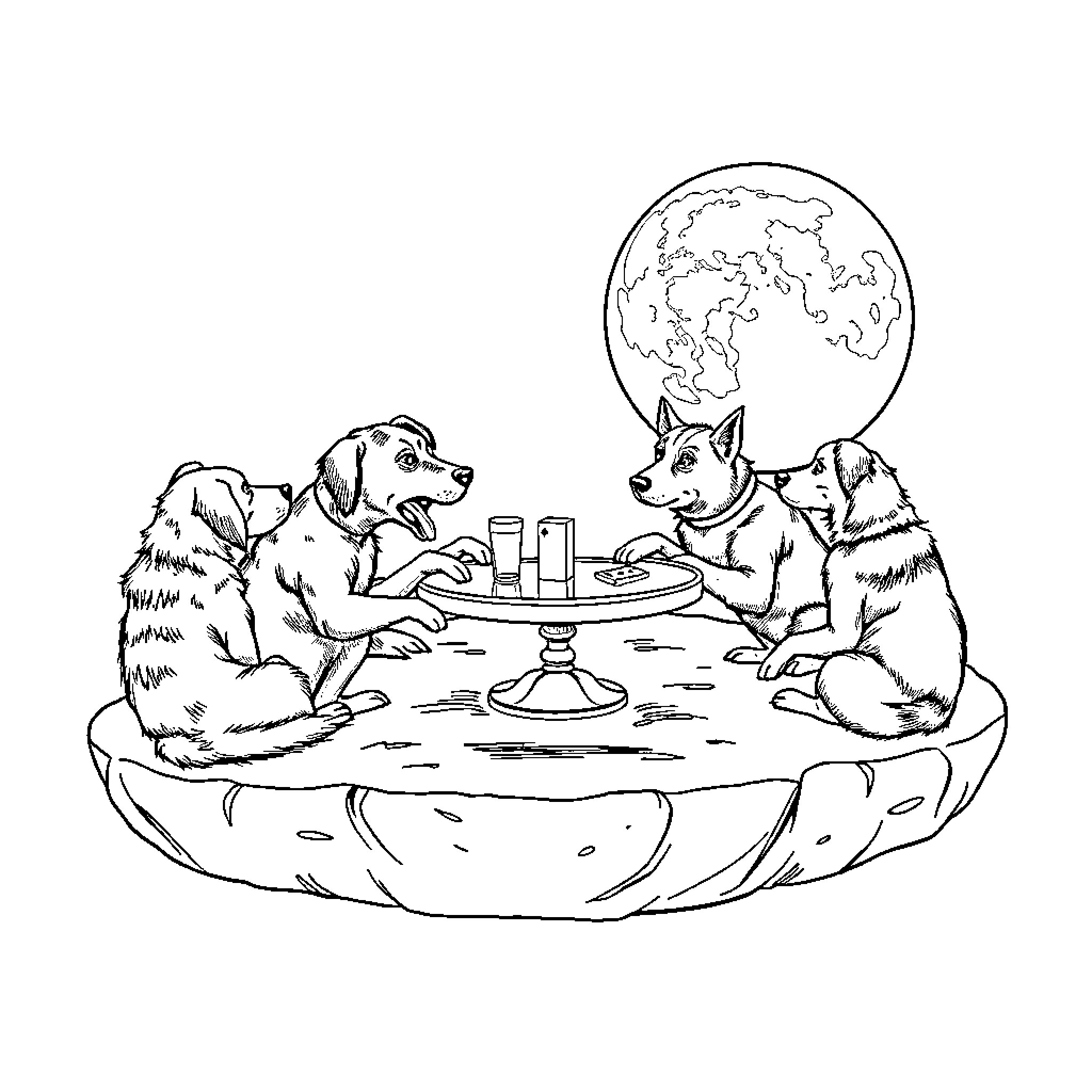 Dogs enjoying a night out under the moon Coloring Page (free black-and-white line drawing printable PDF for all, from beginners to advanced learners, including children, teens, adults, and seniors)