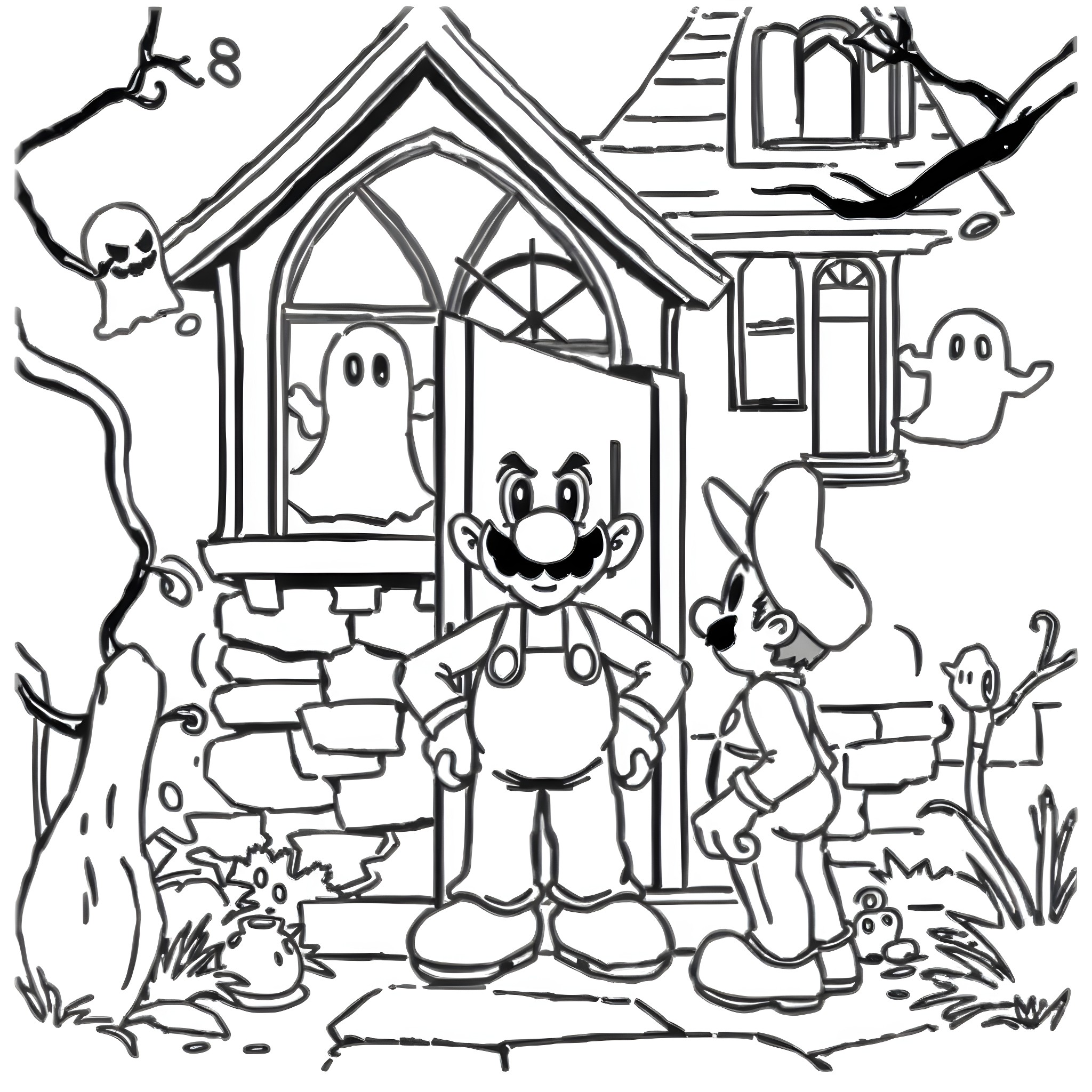 Luigi's Spooky Adventure at the Haunted House Coloring Page (free black-and-white line drawing printable PDF for all, from beginners to advanced learners, including children, teens, adults, and seniors)