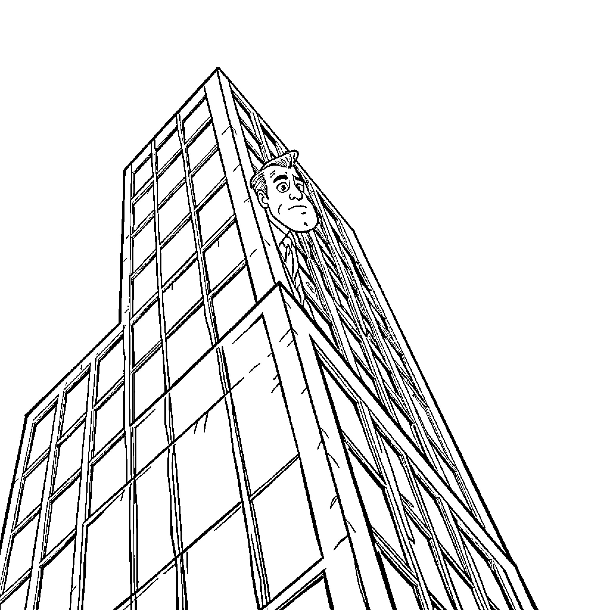 Stockbroker looking anxiously from skyscraper window Coloring Page (free black-and-white line drawing printable PDF for all, from beginners to advanced learners, including children, teens, adults, and seniors)