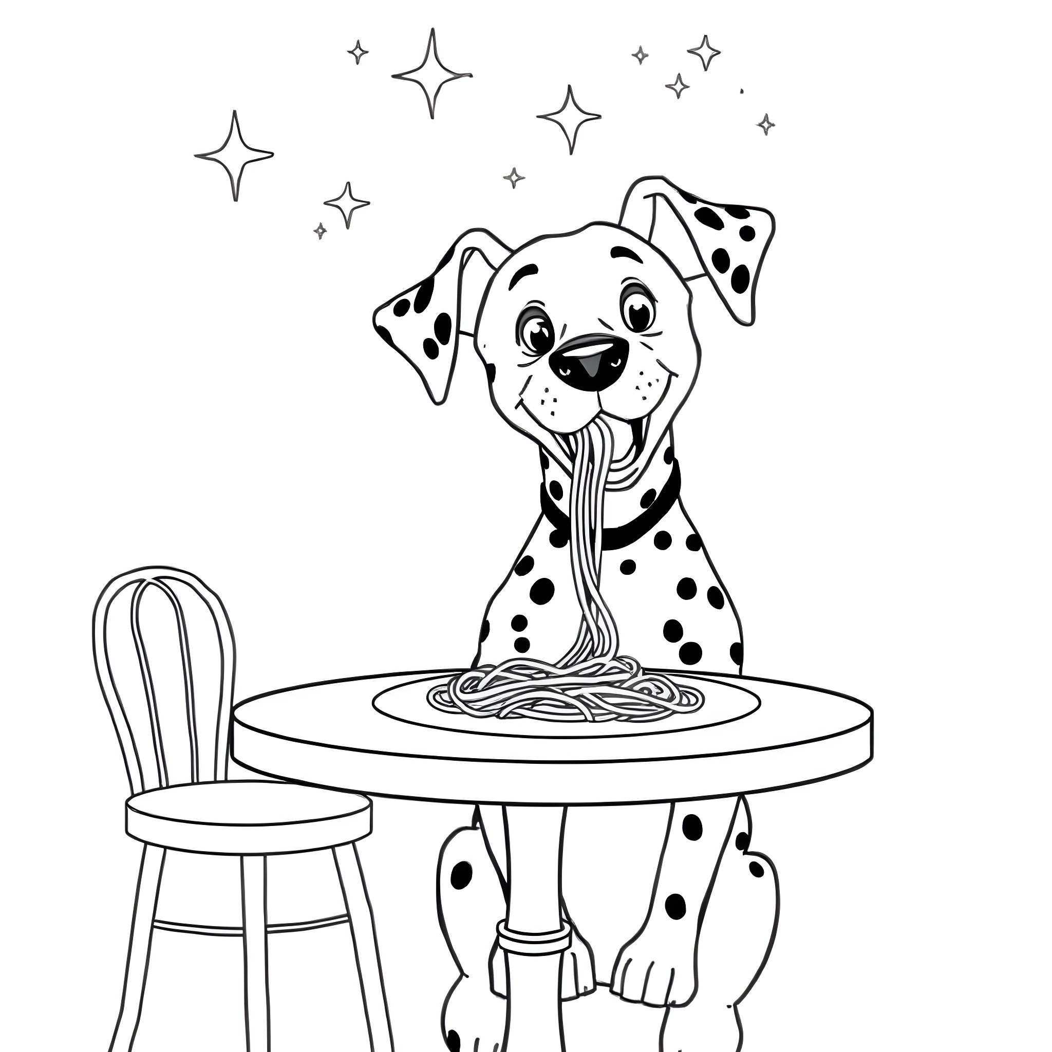 Dalmatian enjoying spaghetti dinner under the stars Coloring Page (free black-and-white line drawing printable PDF for all, from beginners to advanced learners, including children, teens, adults, and seniors)