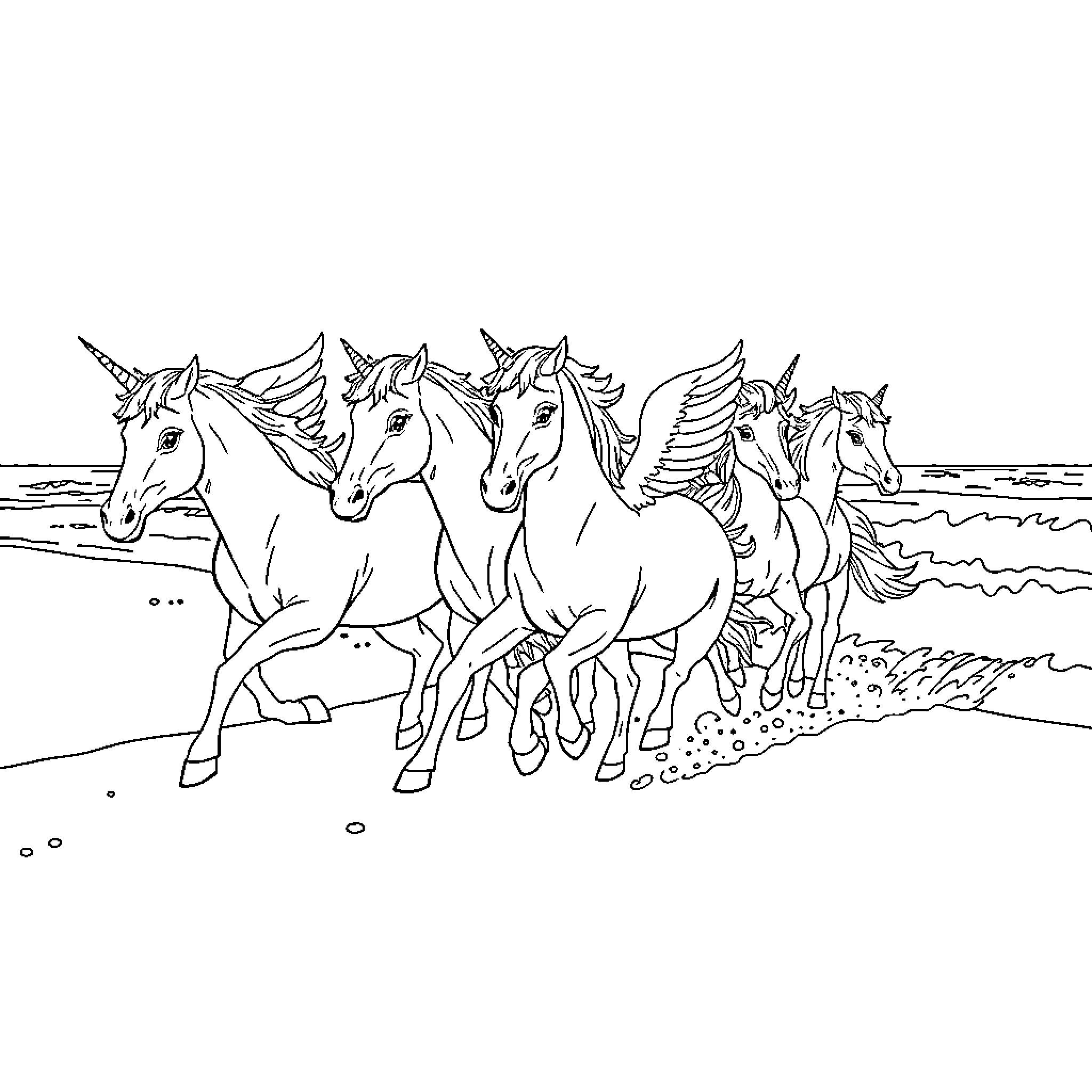Unicorn herd galloping through the field Coloring Page (free black-and-white line drawing printable PDF for all, from beginners to advanced learners, including children, teens, adults, and seniors)