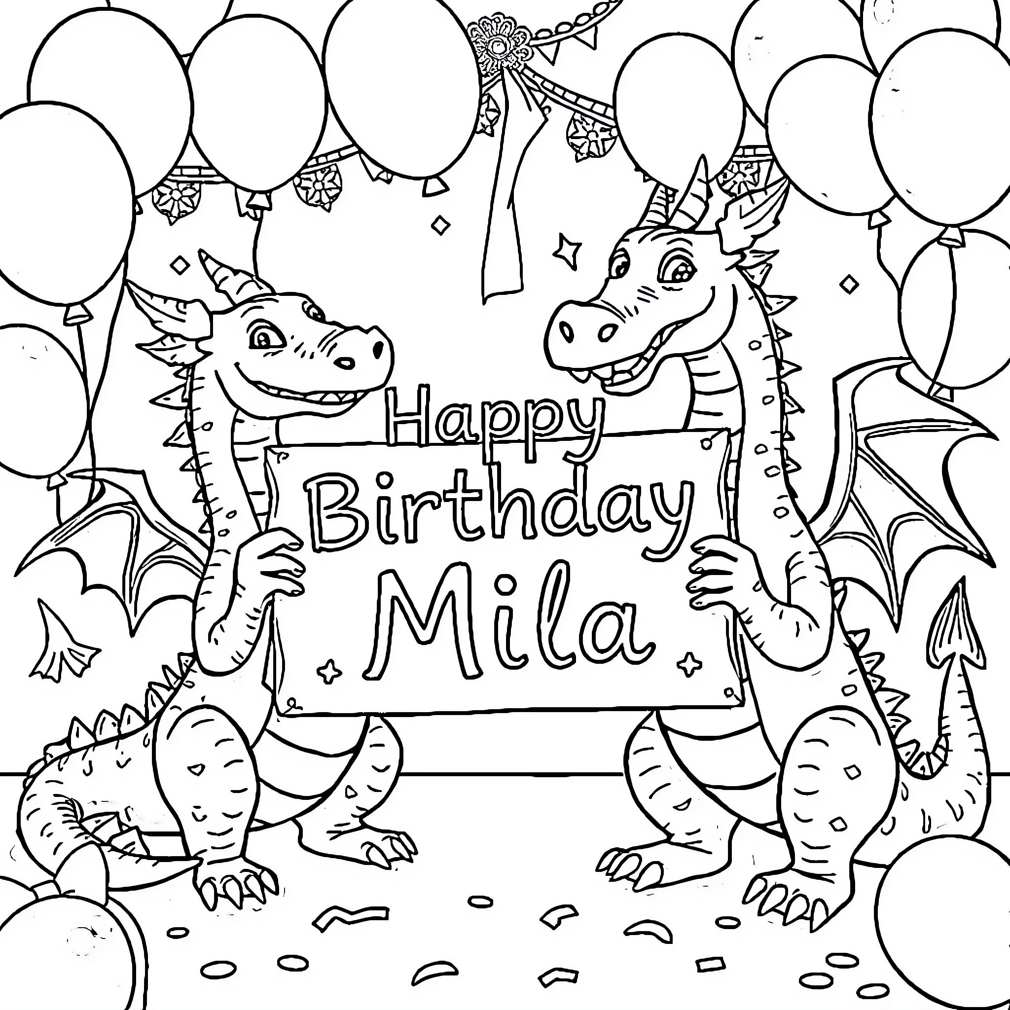 Dragon Dinosaurs Celebrating Happy Birthday for Mila Coloring Page (free black-and-white line drawing printable PDF for all, from beginners to advanced learners, including children, teens, adults, and seniors)