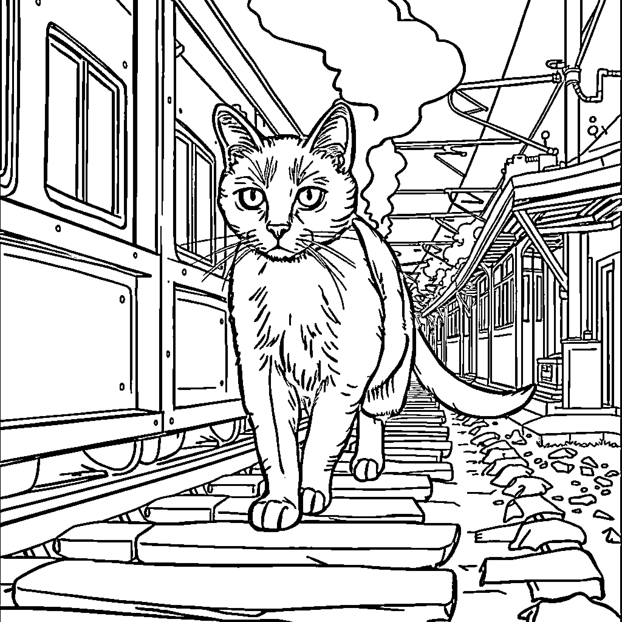 Cat observing the old town Coloring Page (free black-and-white line drawing printable PDF for all, from beginners to advanced learners, including children, teens, adults, and seniors)