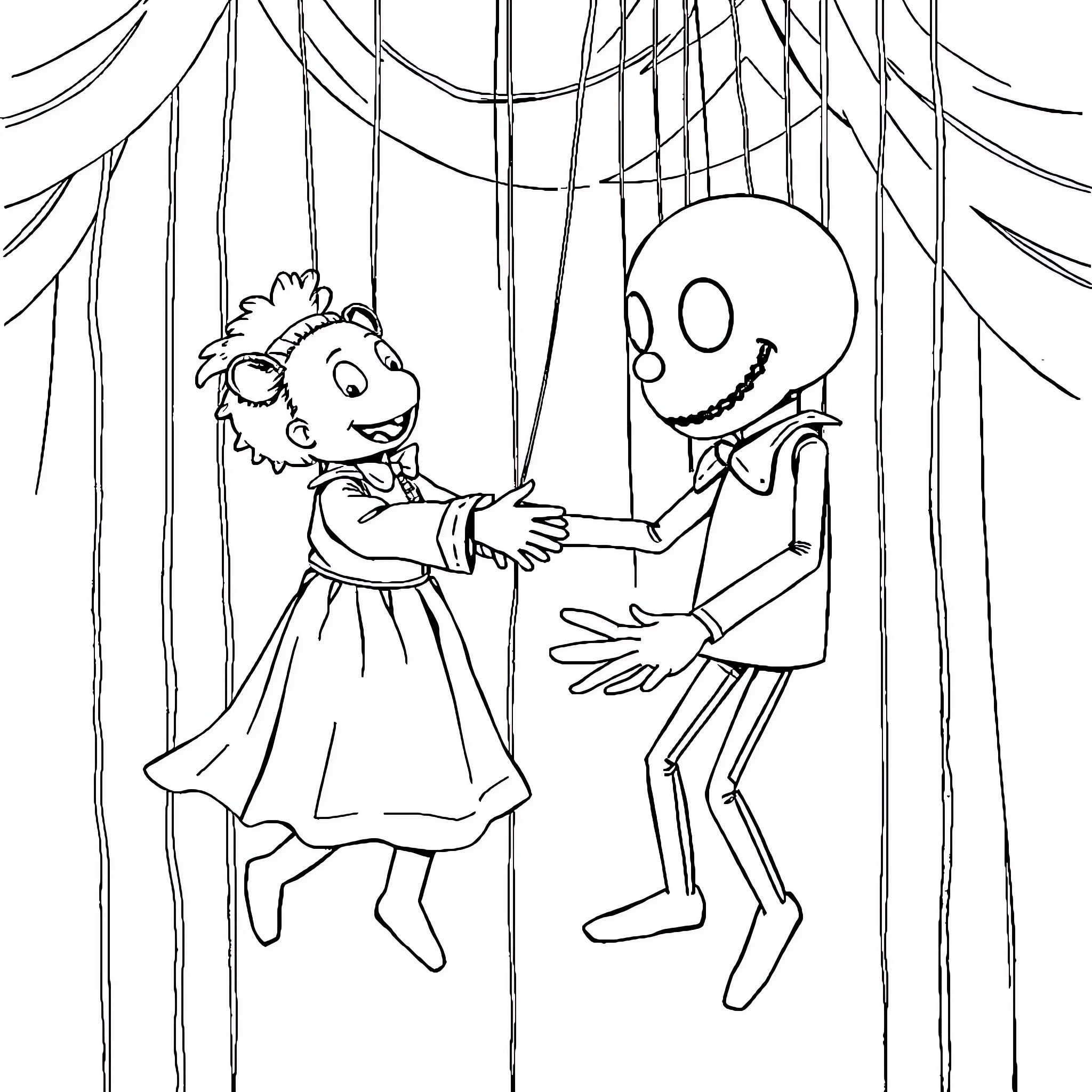 Puppet show featuring dancing skeleton and monster characters Coloring Page (free black-and-white line drawing printable PDF for all, from beginners to advanced learners, including children, teens, adults, and seniors)