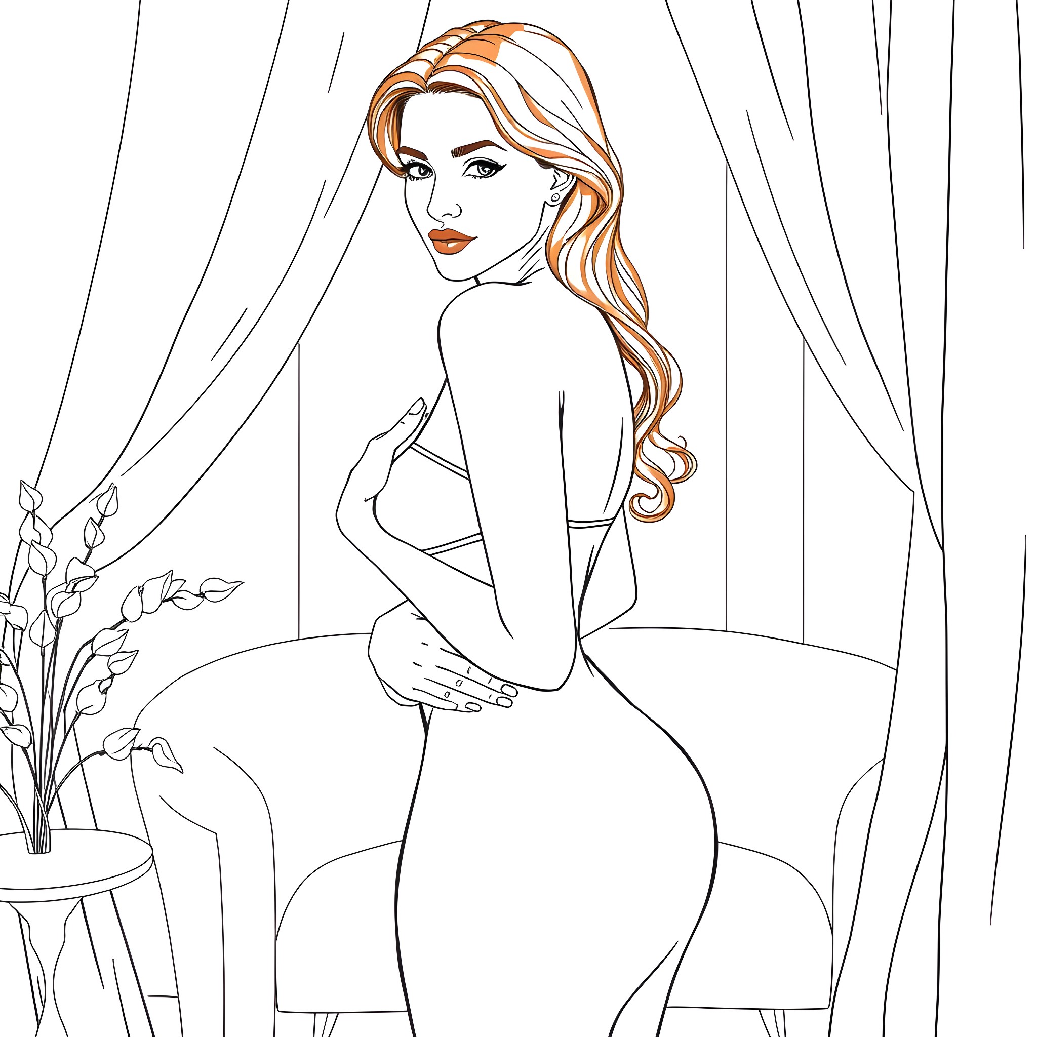 Lady in a Glamorous Pose Coloring Page (free black-and-white line drawing printable PDF for all, from beginners to advanced learners, including children, teens, adults, and seniors)