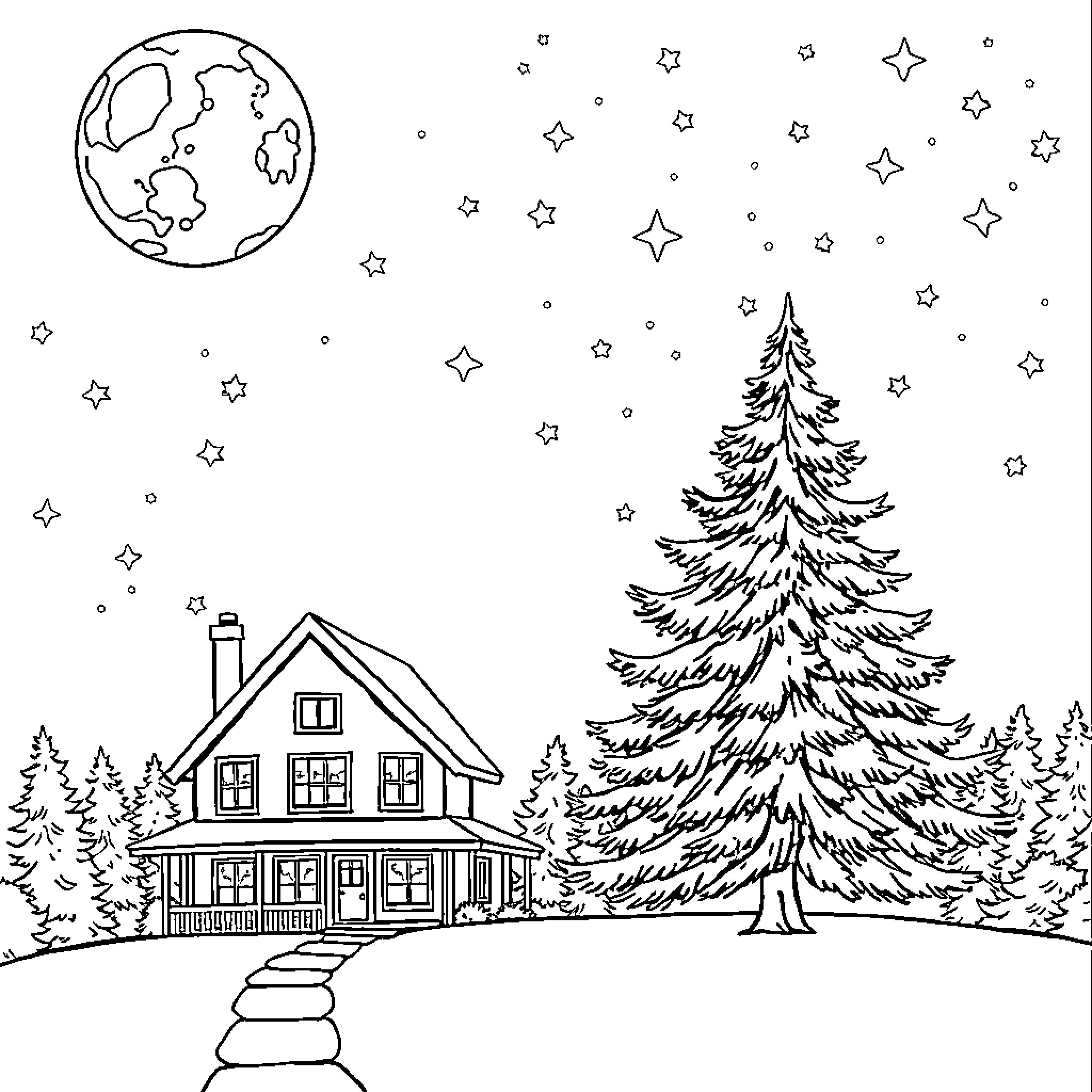 Moon Shining Over Cozy Winter Cabin Coloring Page (free black-and-white line drawing printable PDF for all, from beginners to advanced learners, including children, teens, adults, and seniors)