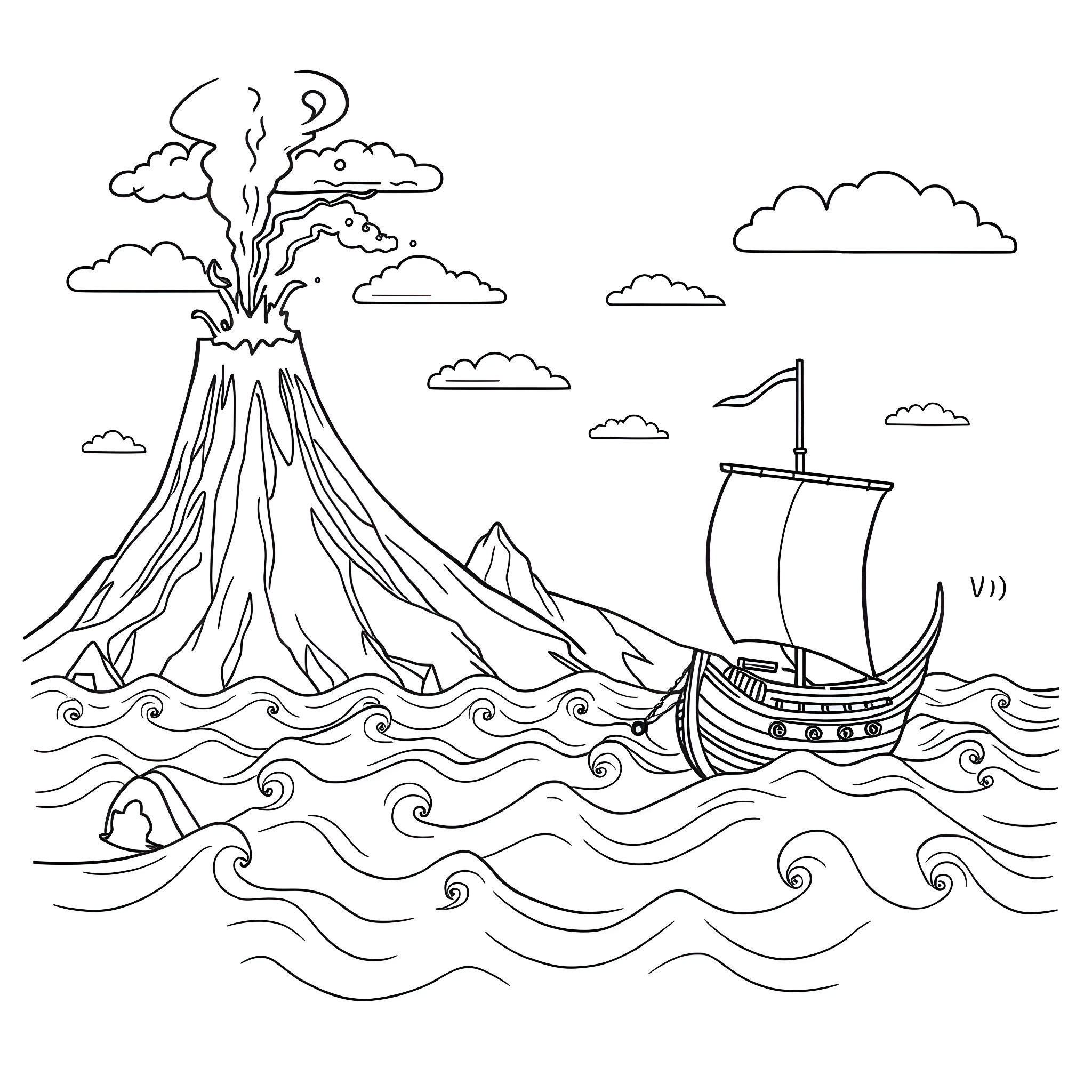 Letter V: Voyage in the Stormy Seas Coloring Page (free black-and-white line drawing printable PDF for all, from beginners to advanced learners, including children, teens, adults, and seniors)