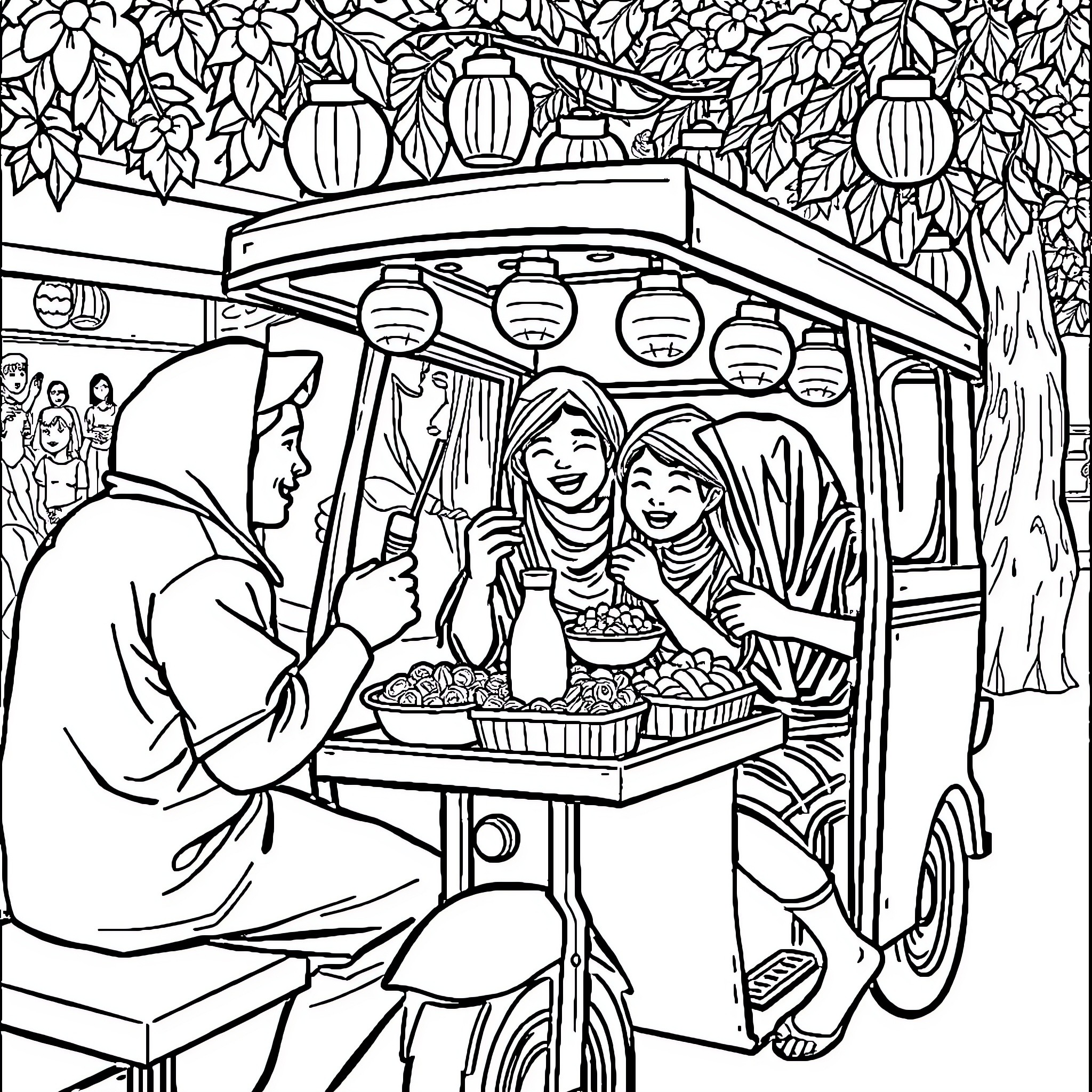 Tung Tung Street Food Vendors Serving Customers Coloring Page (free black-and-white line drawing printable PDF for all, from beginners to advanced learners, including children, teens, adults, and seniors)