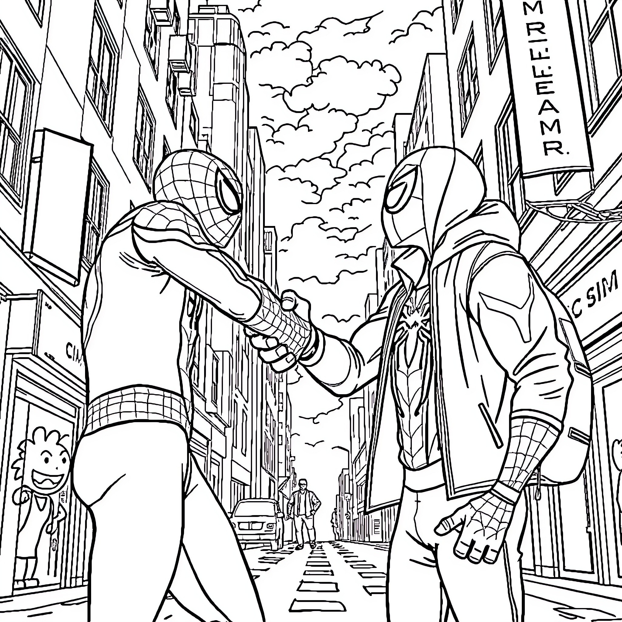 Spider-Man encounters mysterious figure in city streets Coloring Page (free black-and-white line drawing printable PDF for all, from beginners to advanced learners, including children, teens, adults, and seniors)