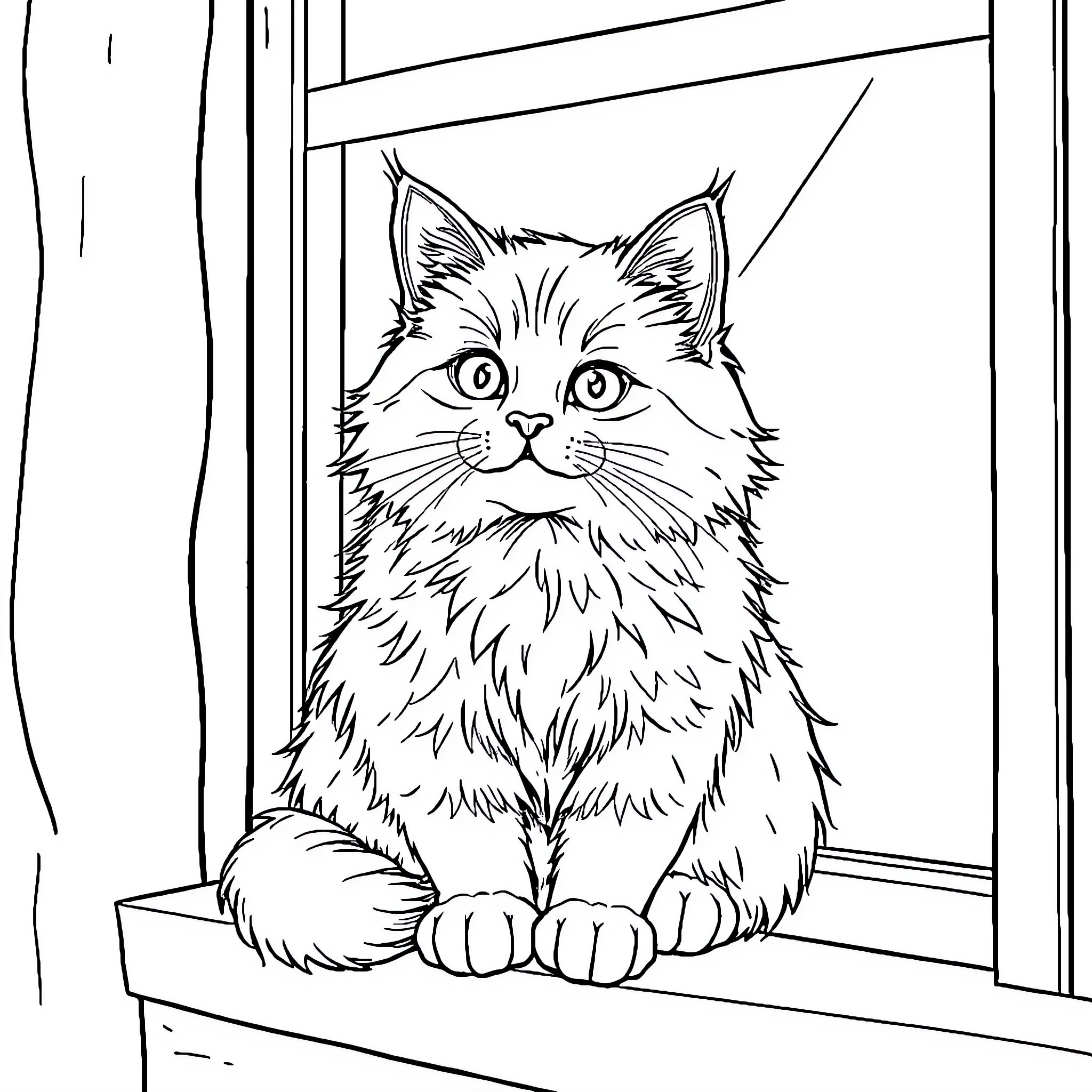 Cat gazing out the window Coloring Page (free black-and-white line drawing printable PDF for all, from beginners to advanced learners, including children, teens, adults, and seniors)
