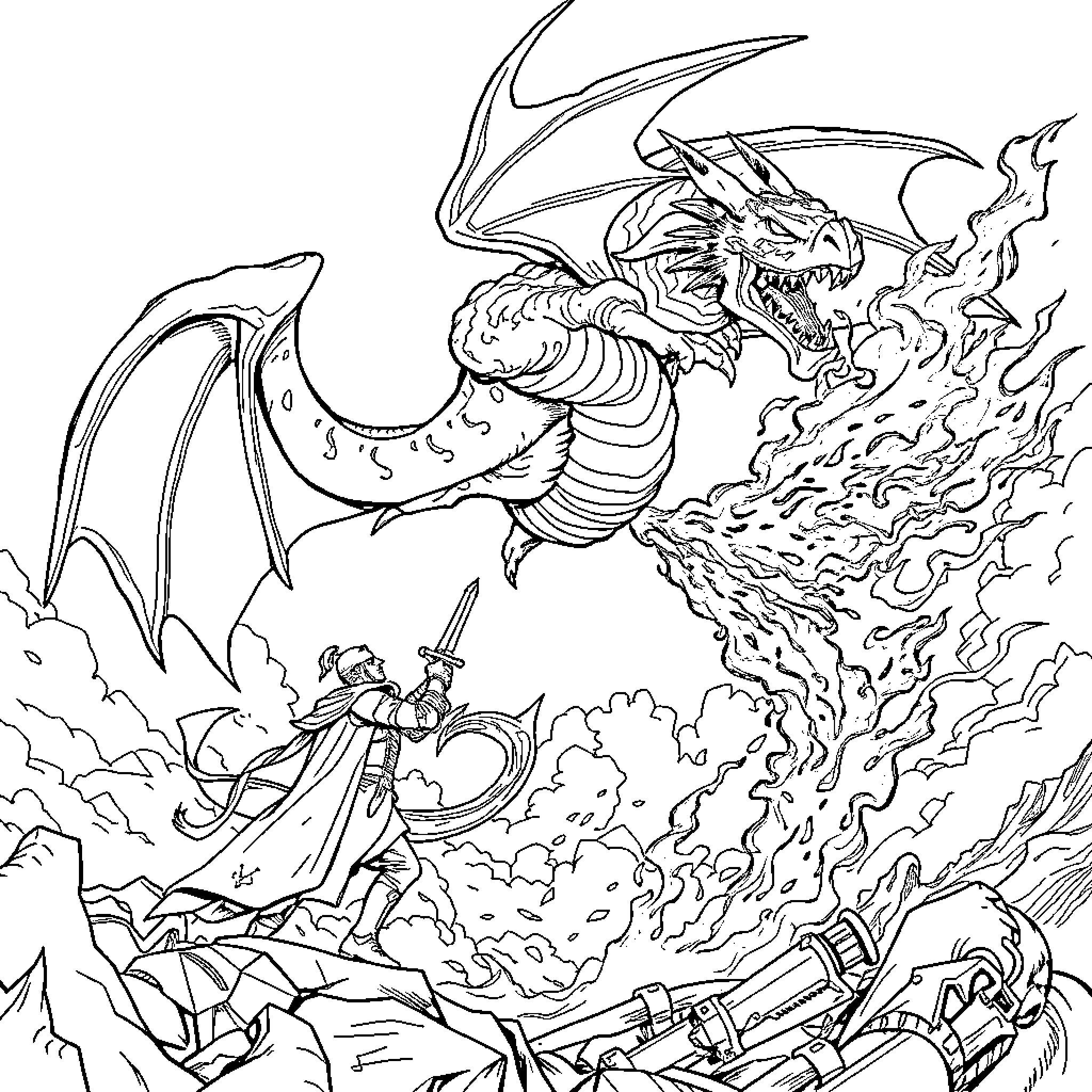Dragon attacking a heroic knight in battle Coloring Page (free black-and-white line drawing printable PDF for all, from beginners to advanced learners, including children, teens, adults, and seniors)