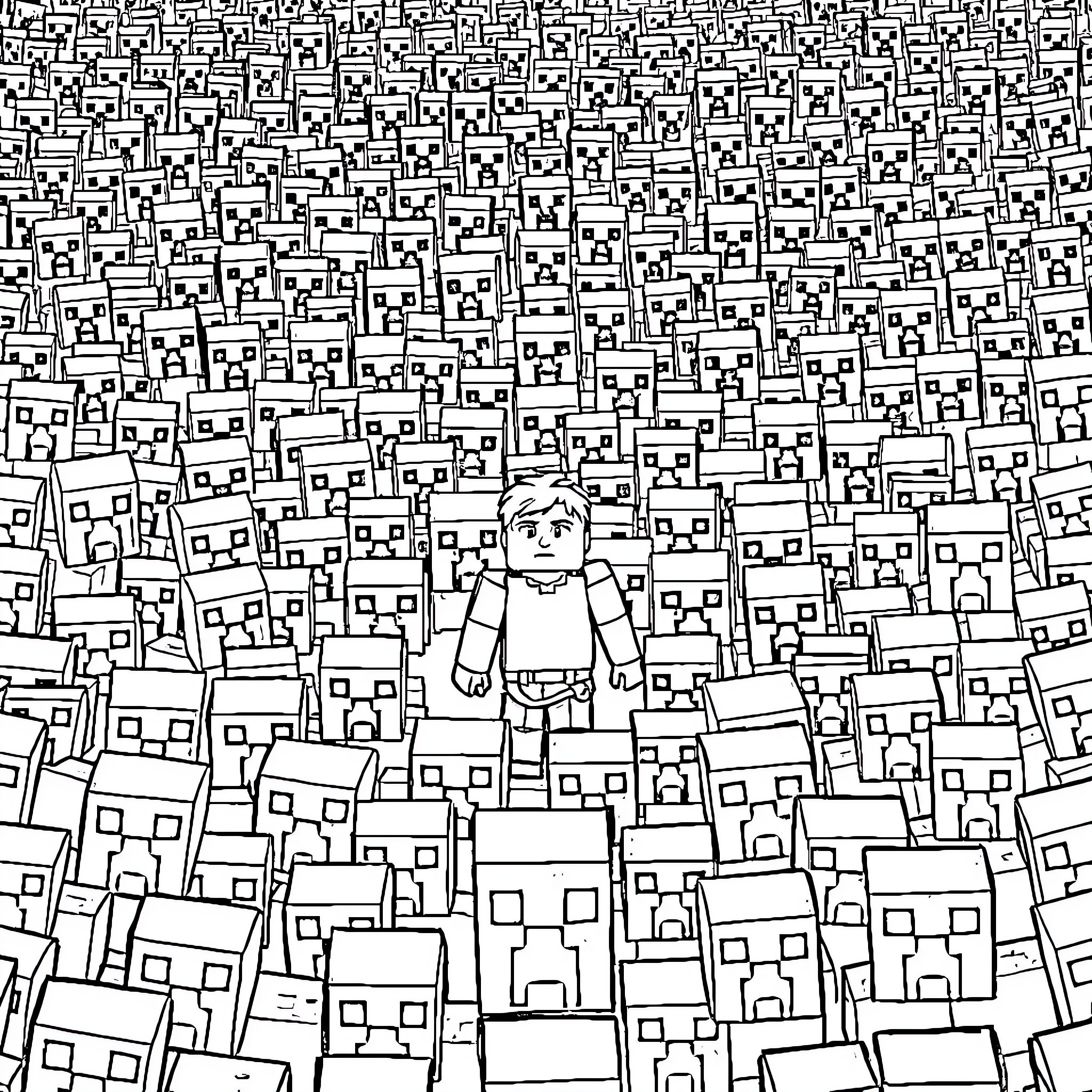 Creeper among a crowd of geometric shapes Coloring Page (free black-and-white line drawing printable PDF for all, from beginners to advanced learners, including children, teens, adults, and seniors)