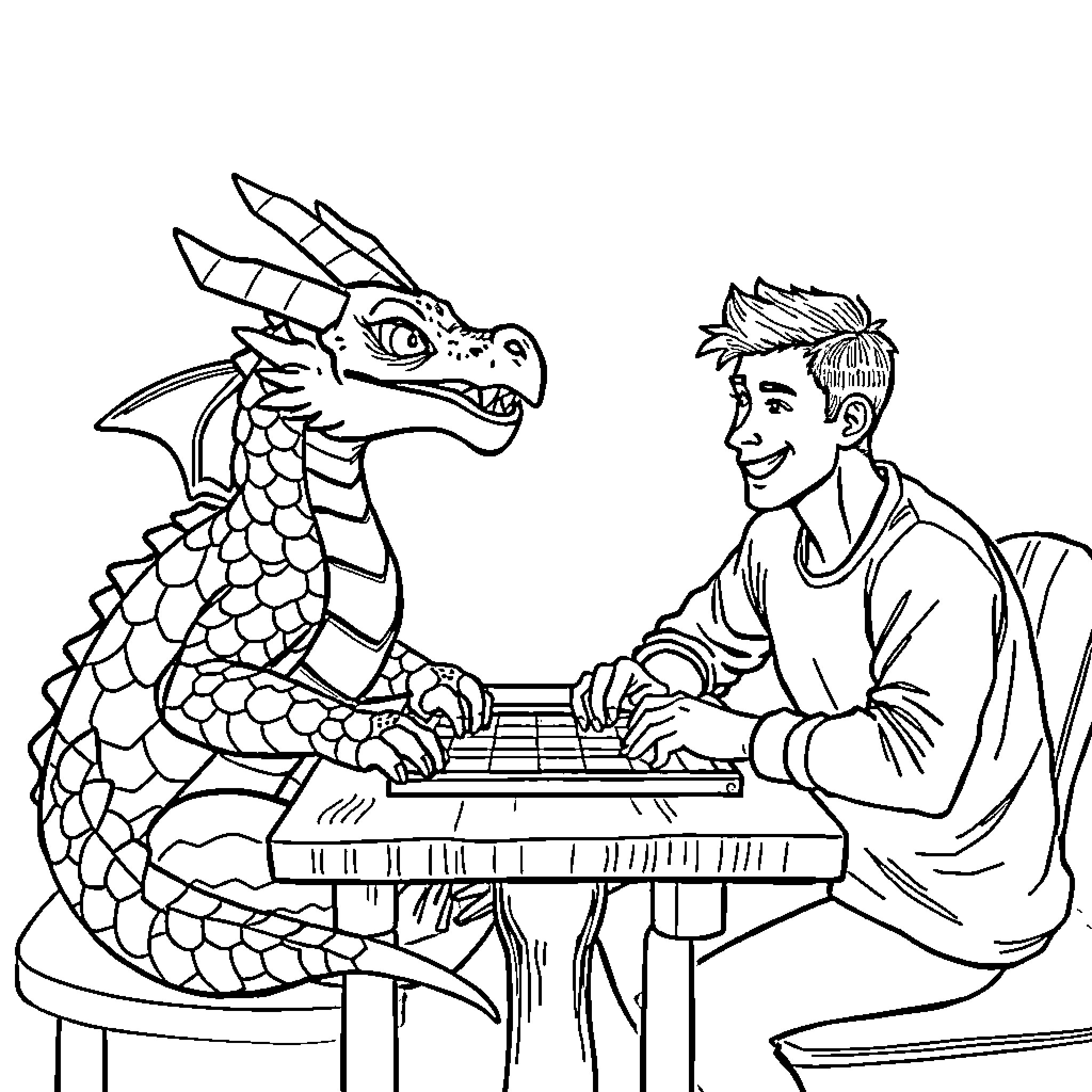 Dragon and human working together on computer Coloring Page (free black-and-white line drawing printable PDF for all, from beginners to advanced learners, including children, teens, adults, and seniors)