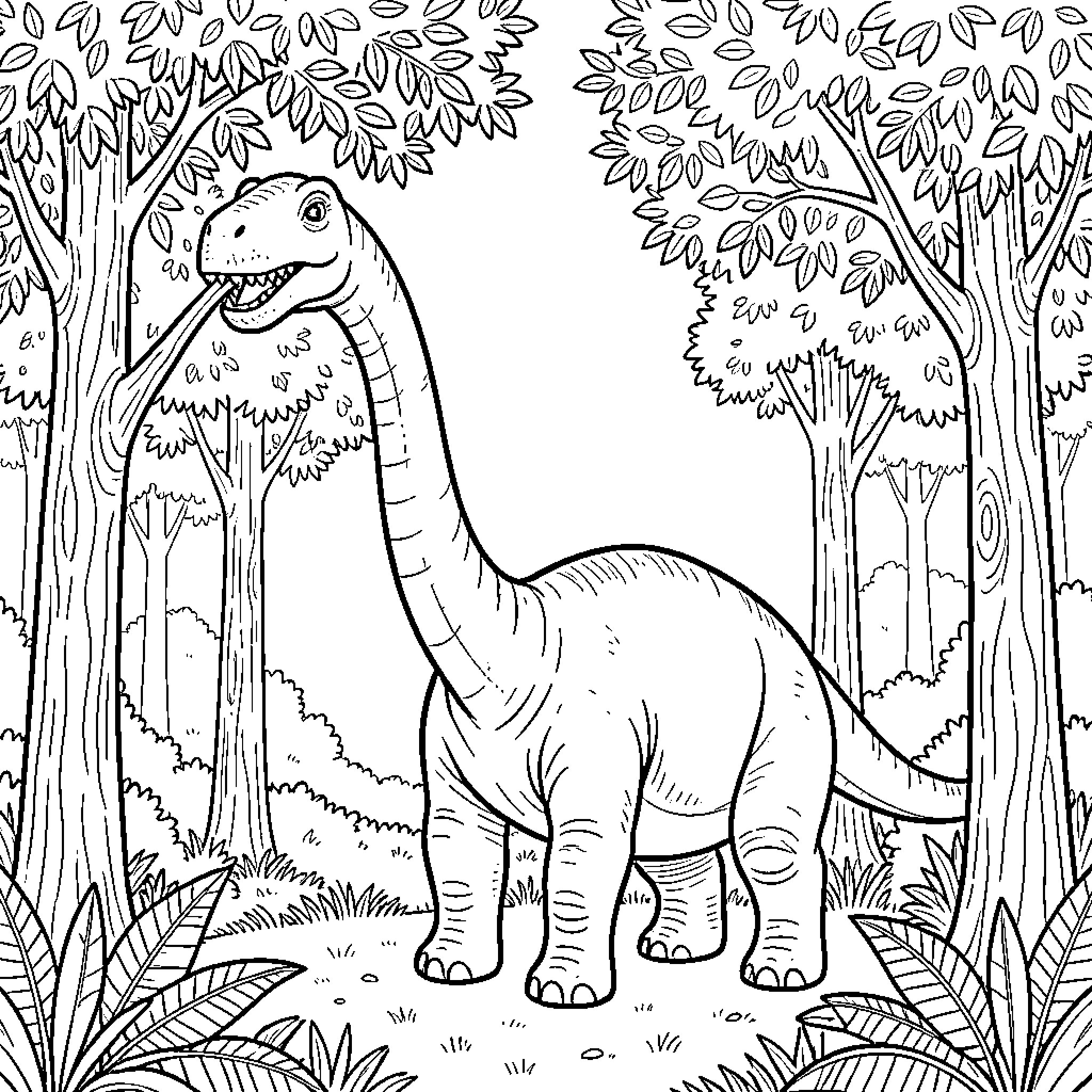 Brontosaurus exploring the lush forest landscape Coloring Page (free black-and-white line drawing printable PDF for all, from beginners to advanced learners, including children, teens, adults, and seniors)