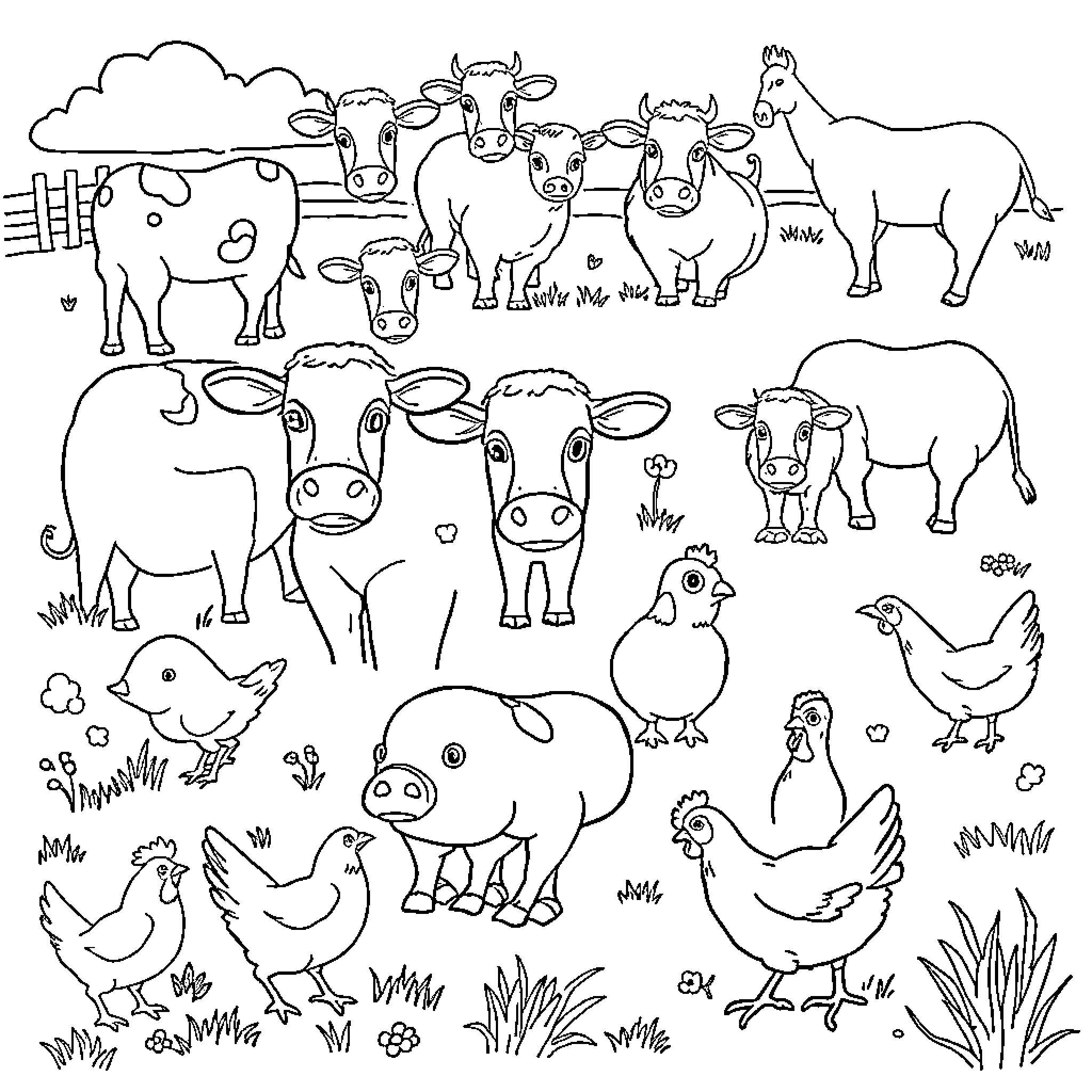 Farm Animal Illustrations - Diverse Livestock and Poultry Coloring Page (free black-and-white line drawing printable PDF for all, from beginners to advanced learners, including children, teens, adults, and seniors)