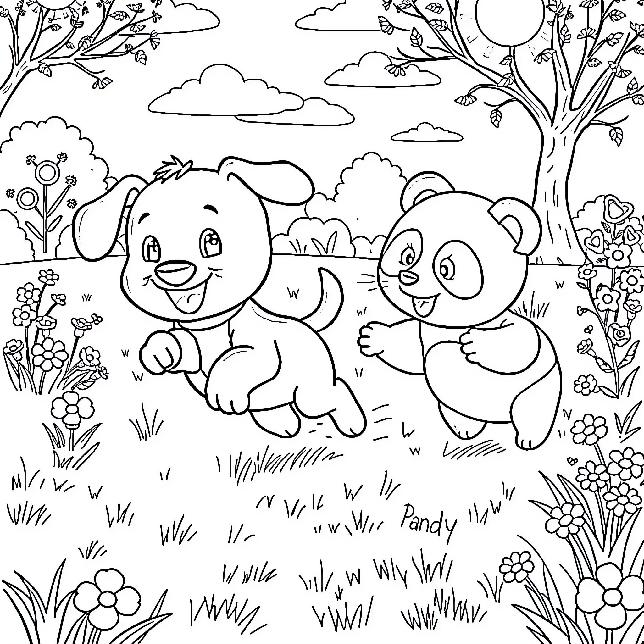 Bluey and friends playing in the park Coloring Page (free black-and-white line drawing printable PDF for all, from beginners to advanced learners, including children, teens, adults, and seniors)