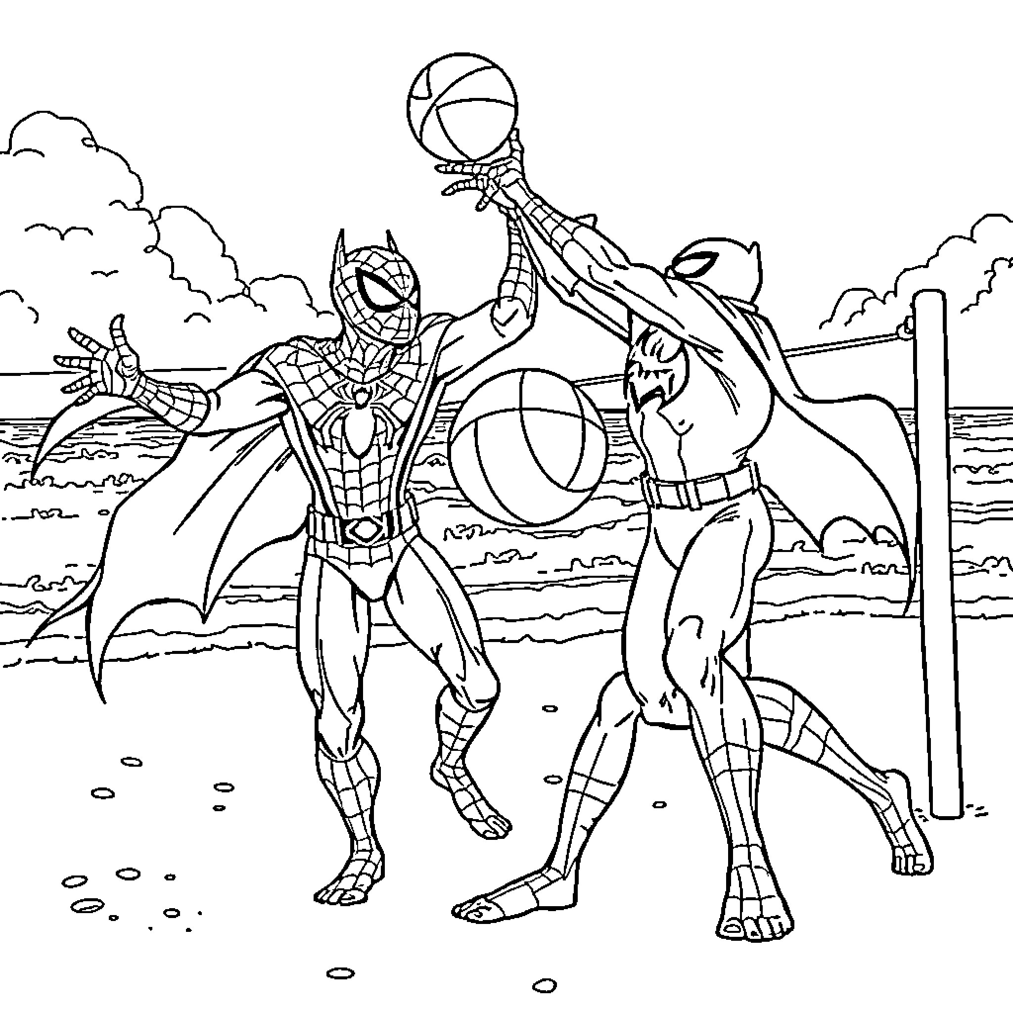 Batman and Spiderman playing basketball on the beach Coloring Page (free black-and-white line drawing printable PDF for all, from beginners to advanced learners, including children, teens, adults, and seniors)