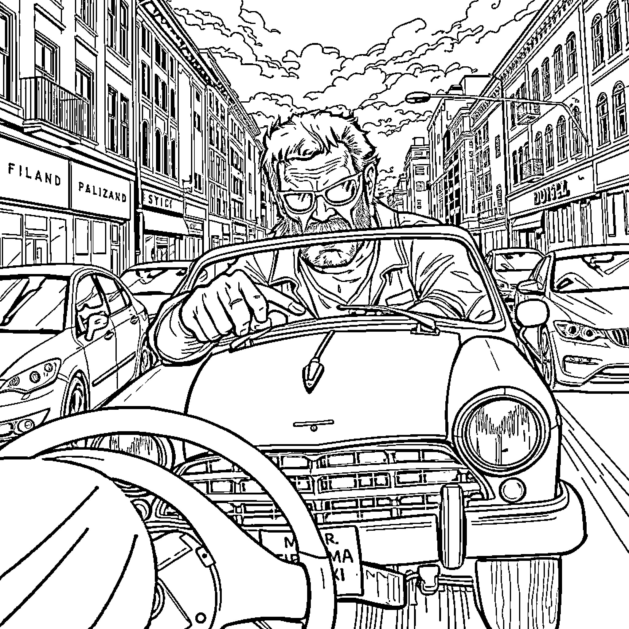 Mad Max's Fiery Dystopian Drive Through the City Coloring Page (free black-and-white line drawing printable PDF for all, from beginners to advanced learners, including children, teens, adults, and seniors)