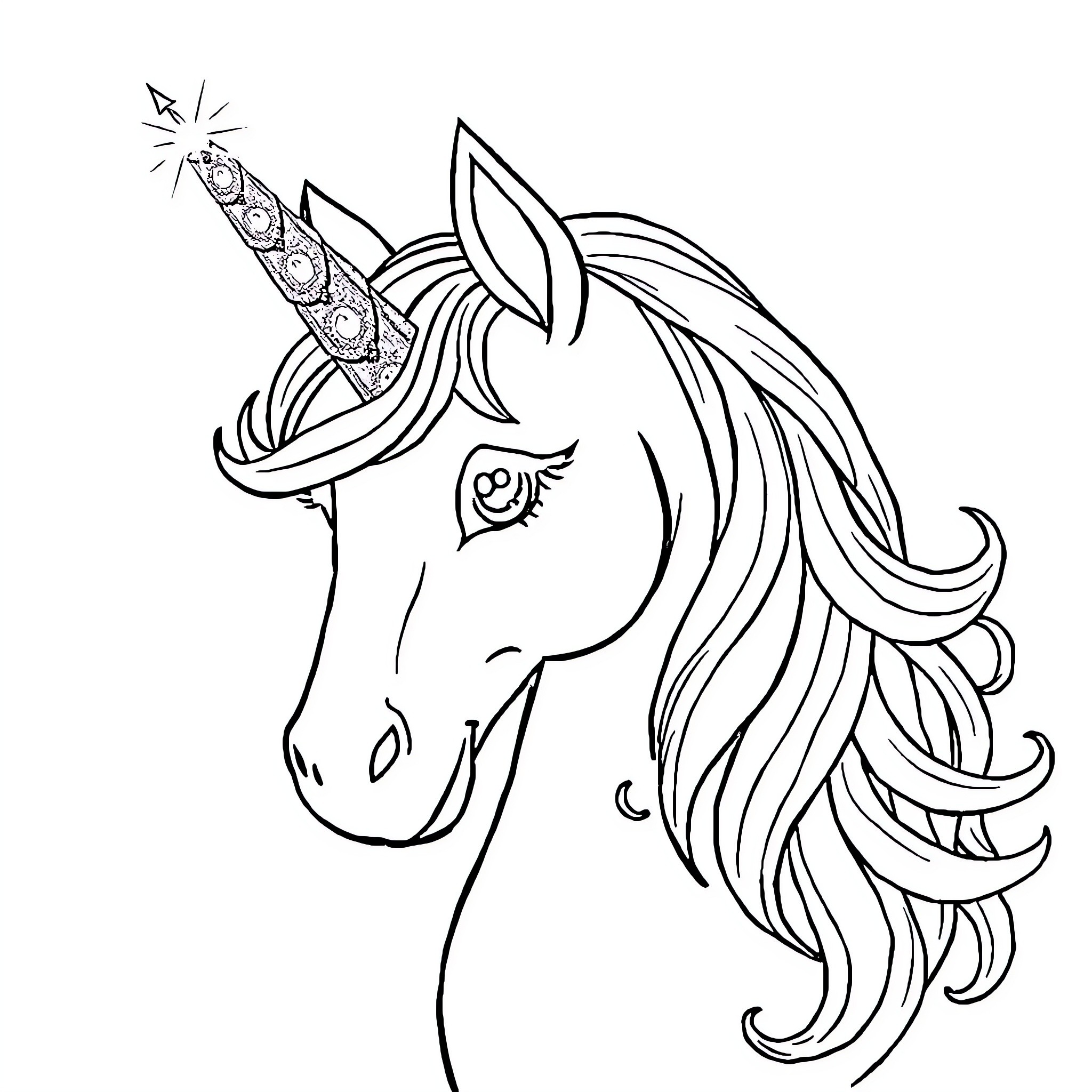Unicorn with majestic horn and flowing mane Coloring Page (free black-and-white line drawing printable PDF for all, from beginners to advanced learners, including children, teens, adults, and seniors)