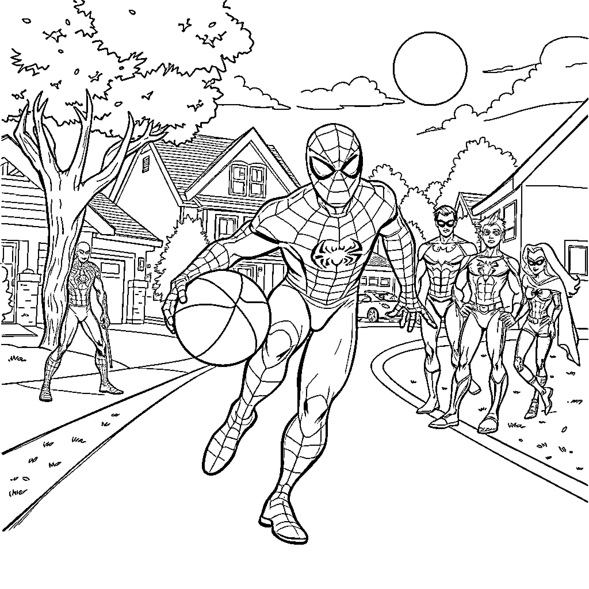 Spider-Man Swinging through a Superhero-Filled City Coloring Page (free black-and-white line drawing printable PDF for all, from beginners to advanced learners, including children, teens, adults, and seniors)