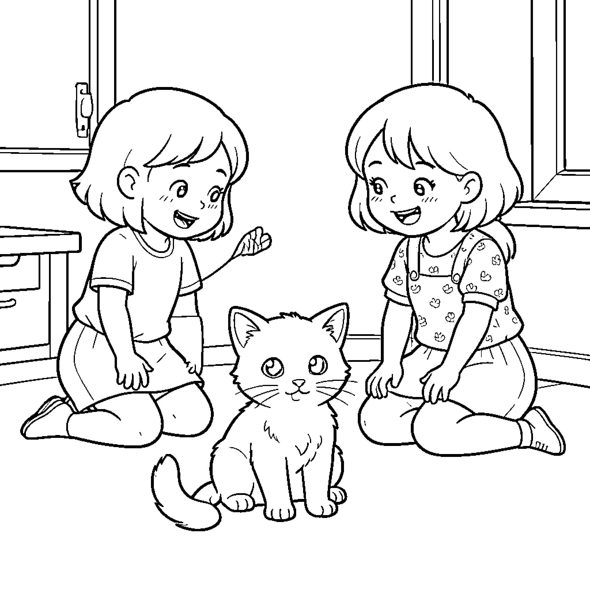 Kitten playing with two happy young girls Coloring Page (free black-and-white line drawing printable PDF for all, from beginners to advanced learners, including children, teens, adults, and seniors)