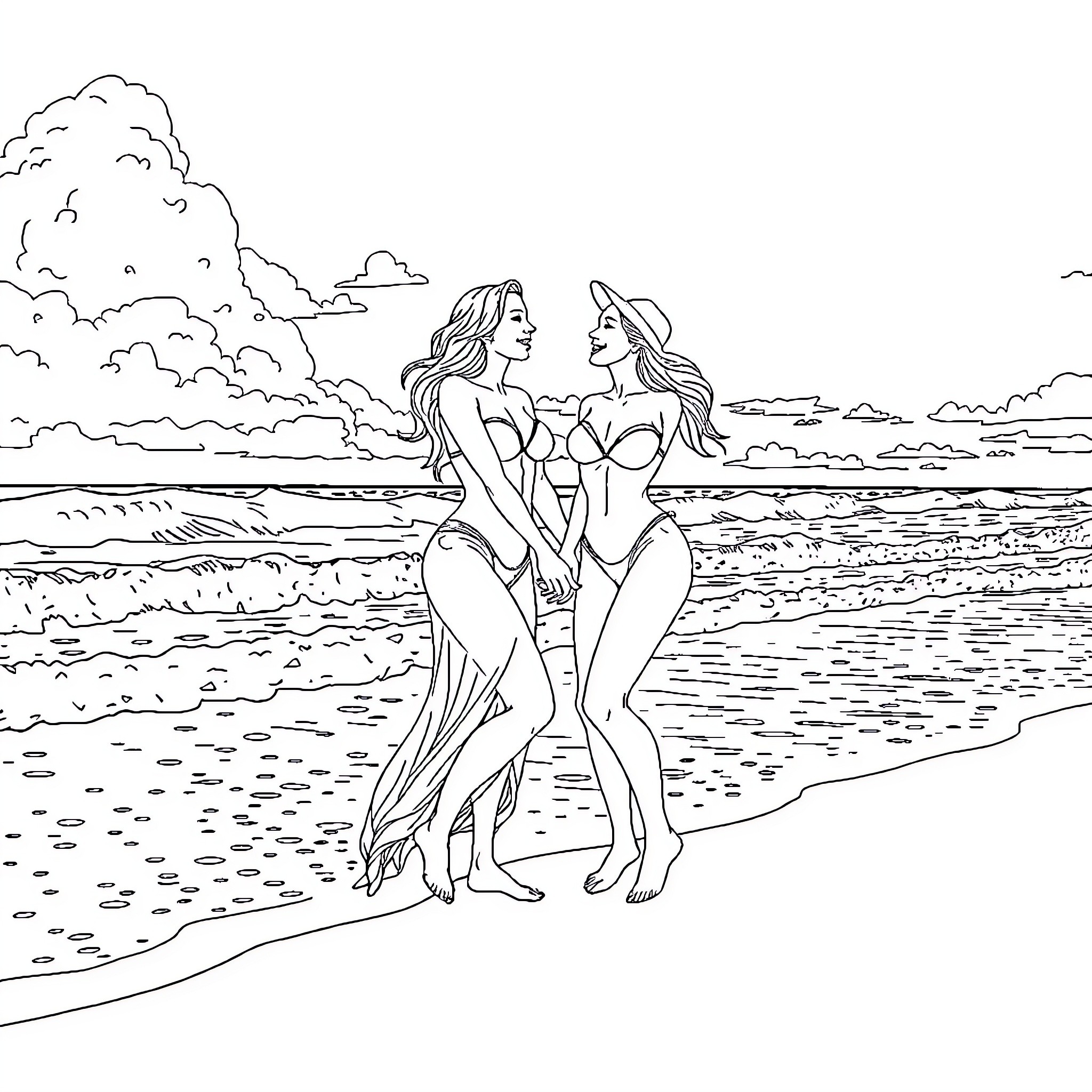 Lesbian couple's romantic beach stroll Coloring Page (free black-and-white line drawing printable PDF for all, from beginners to advanced learners, including children, teens, adults, and seniors)