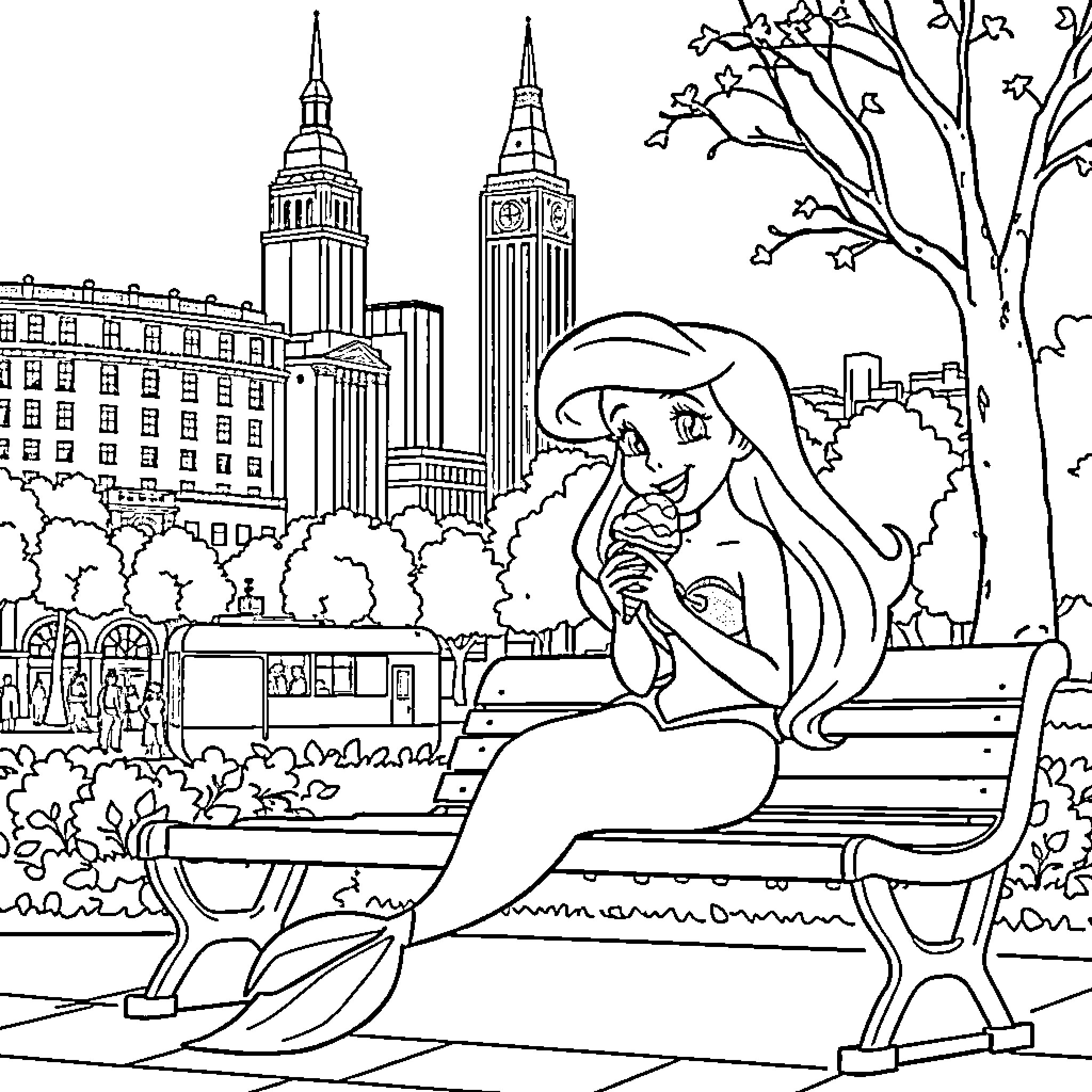 Mermaid enjoys the bustling city landscape Coloring Page (free black-and-white line drawing printable PDF for all, from beginners to advanced learners, including children, teens, adults, and seniors)