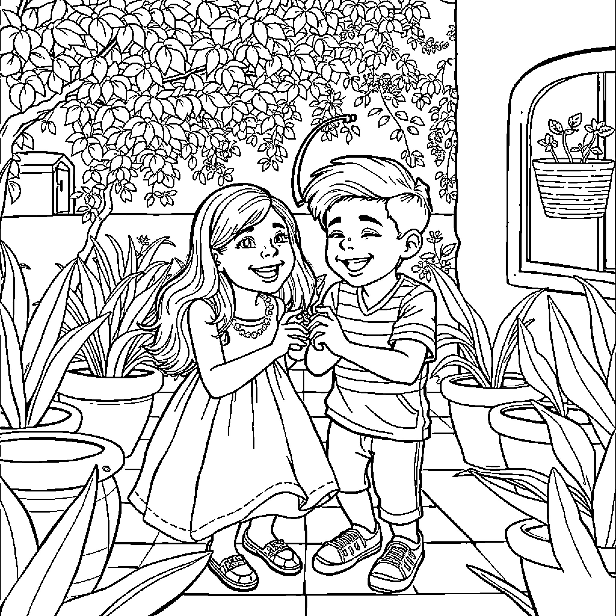 Daniela and the Boy Enjoy the Garden Scenery Coloring Page (free black-and-white line drawing printable PDF for all, from beginners to advanced learners, including children, teens, adults, and seniors)