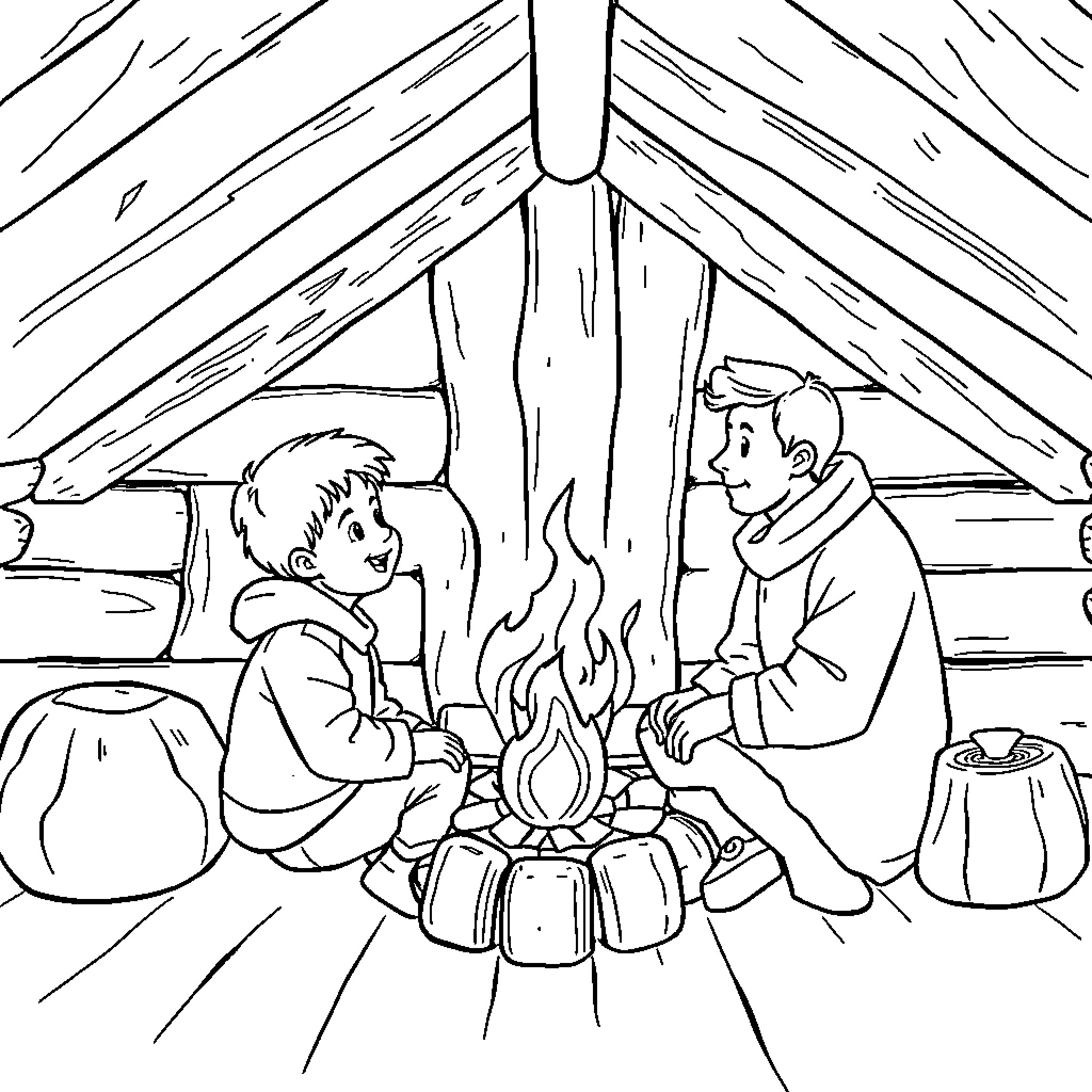 Boy Enjoying Cozy Campfire with Friend Coloring Page (free black-and-white line drawing printable PDF for all, from beginners to advanced learners, including children, teens, adults, and seniors)