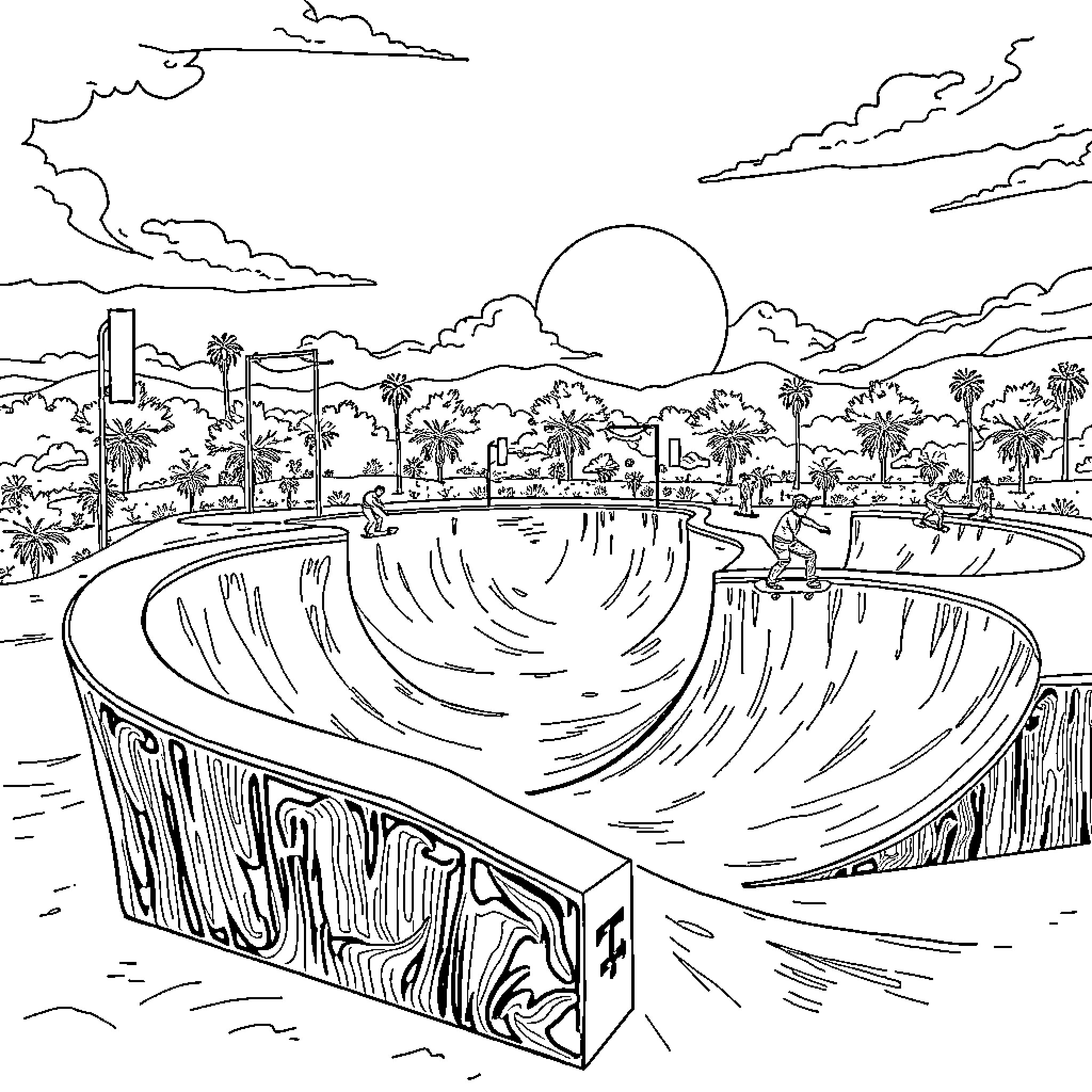 Skatepark with riders enjoying tricks in the sun Coloring Page (free black-and-white line drawing printable PDF for all, from beginners to advanced learners, including children, teens, adults, and seniors)