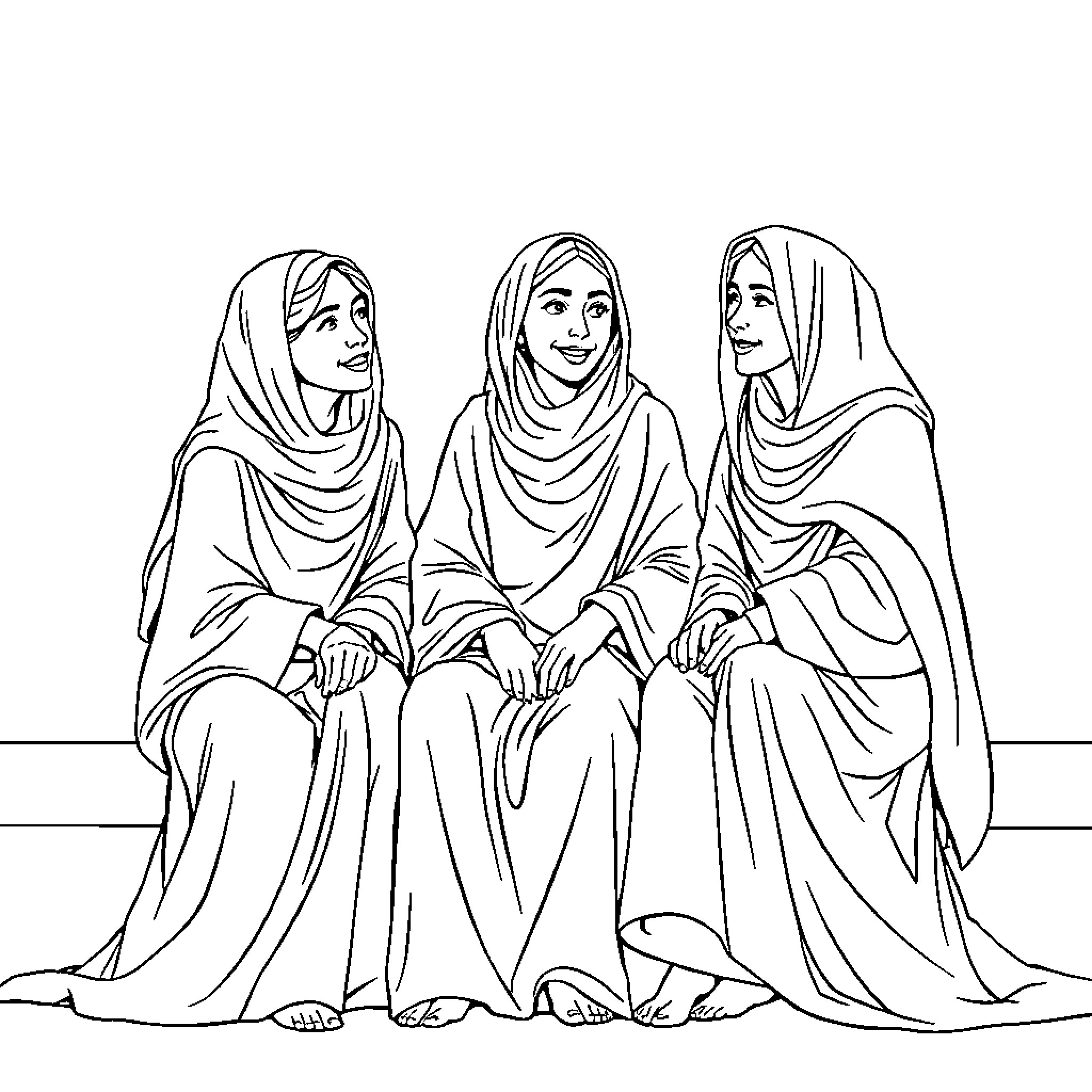 Girls in traditional Islamic attire sitting together Coloring Page (free black-and-white line drawing printable PDF for all, from beginners to advanced learners, including children, teens, adults, and seniors)