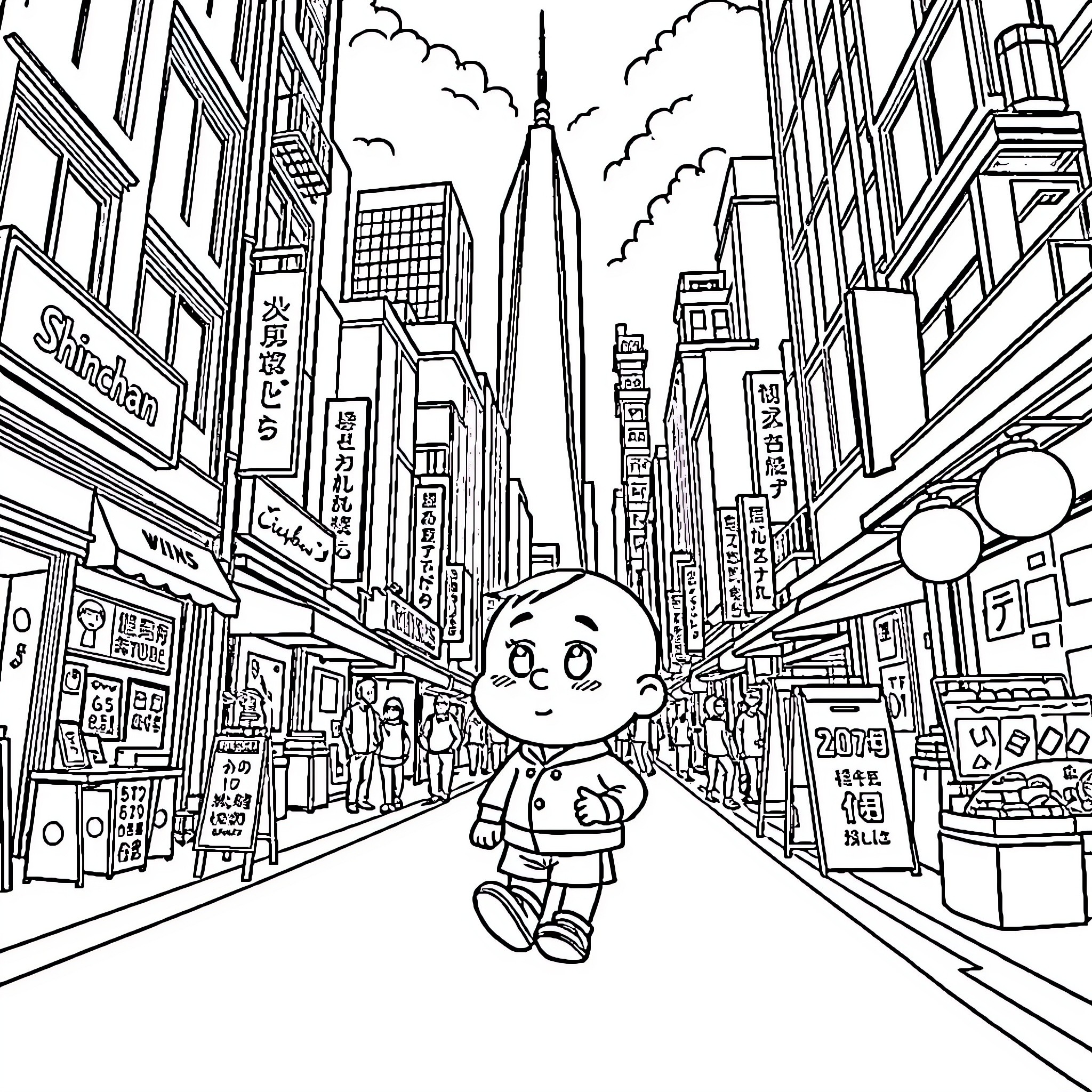 Shinchan exploring the bustling city streets Coloring Page (free black-and-white line drawing printable PDF for all, from beginners to advanced learners, including children, teens, adults, and seniors)