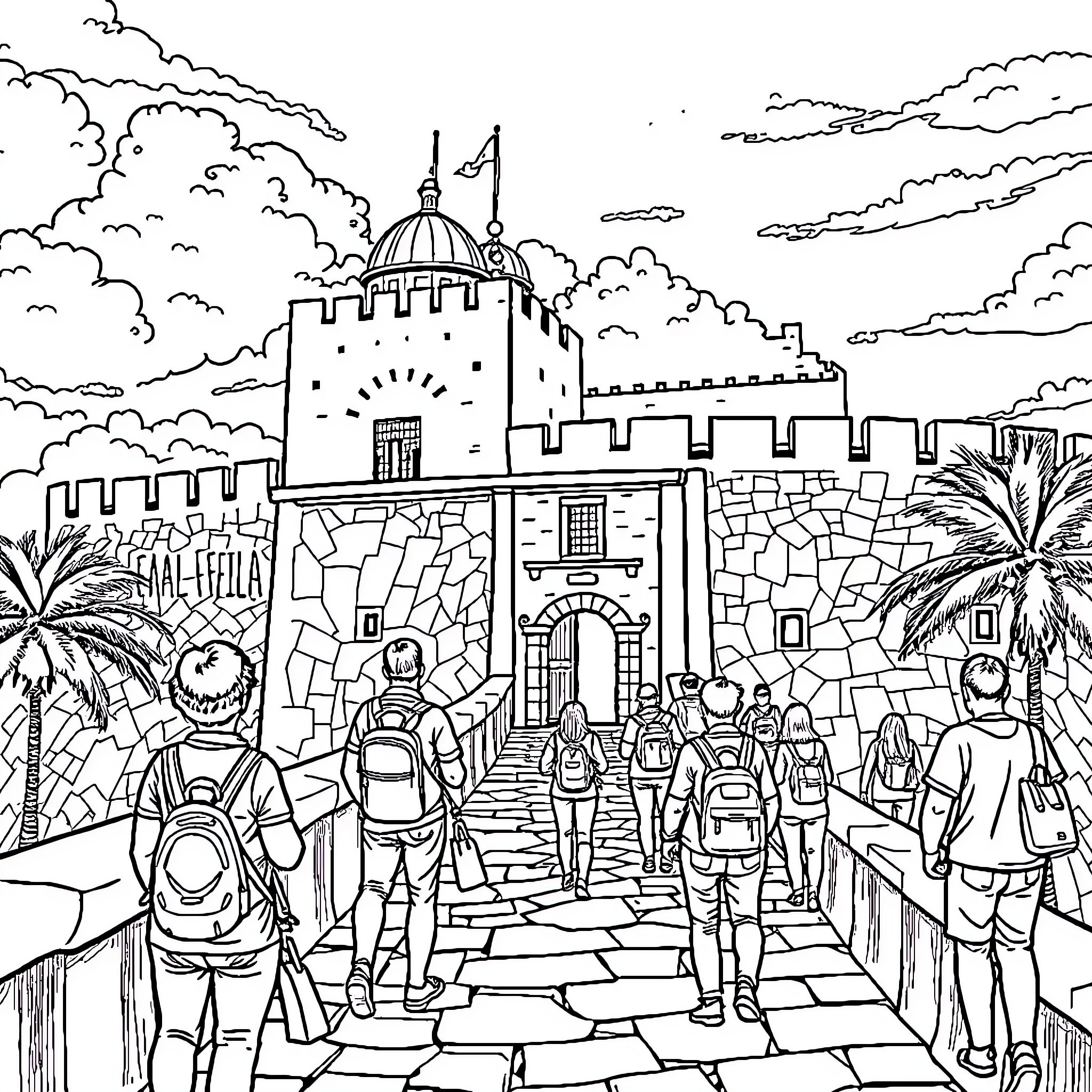 Felipe Callao's journey through the historic city Coloring Page (free black-and-white line drawing printable PDF for all, from beginners to advanced learners, including children, teens, adults, and seniors)
