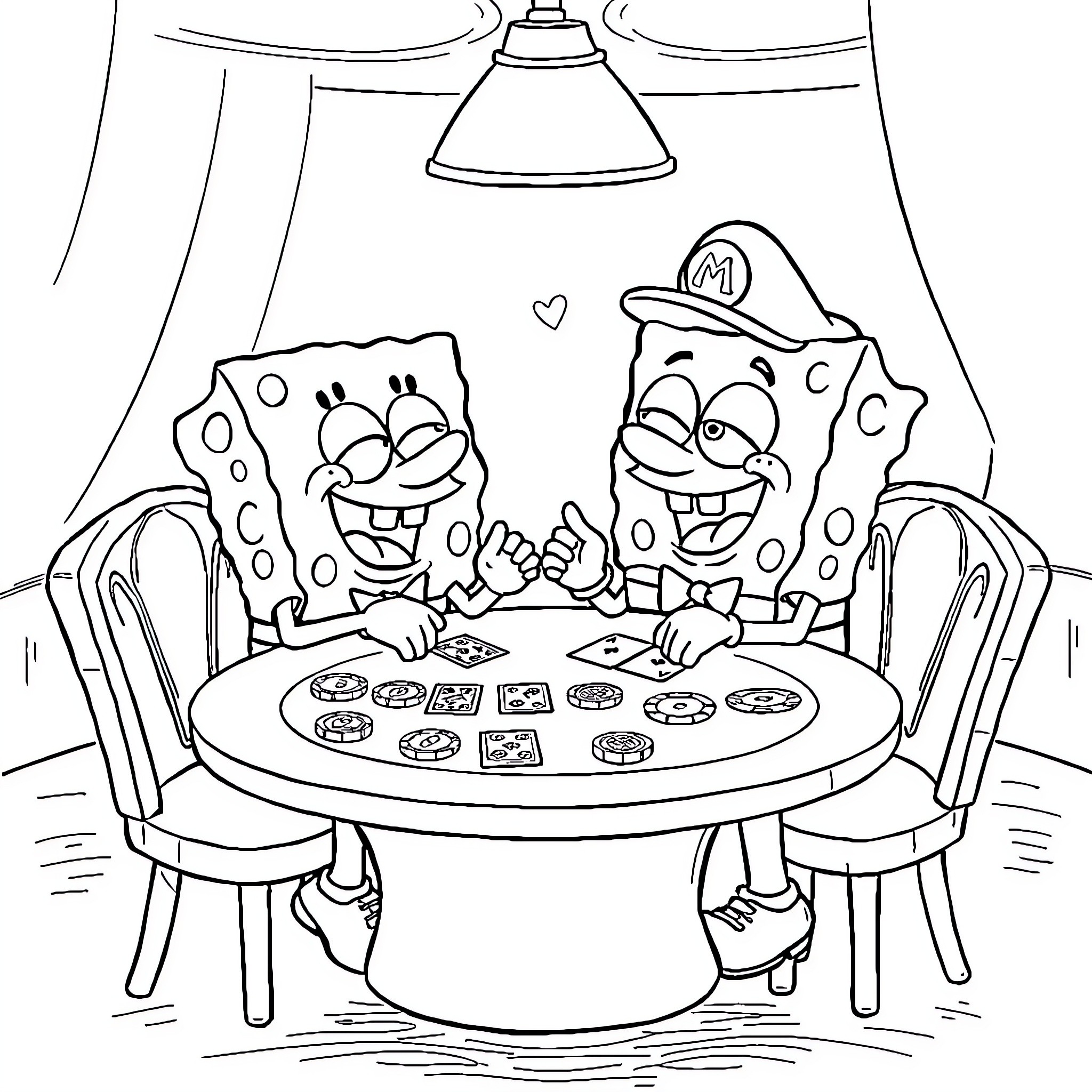 Spongebob and Friends Enjoying a Pizza Party Coloring Page (free black-and-white line drawing printable PDF for all, from beginners to advanced learners, including children, teens, adults, and seniors)