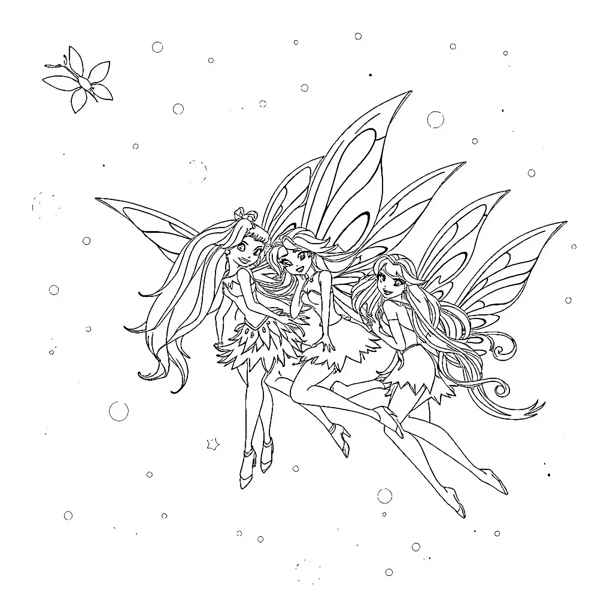 Winx fairies in whimsical dance Coloring Page (free black-and-white line drawing printable PDF for all, from beginners to advanced learners, including children, teens, adults, and seniors)