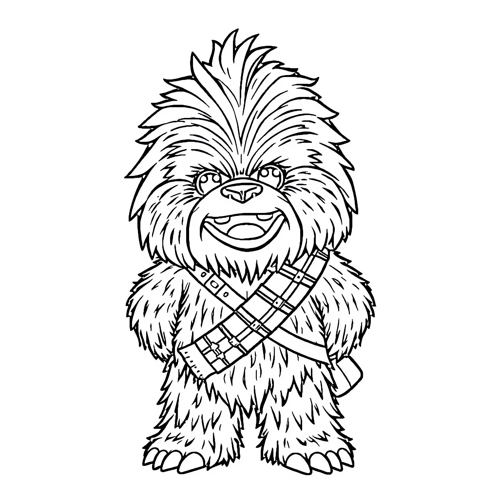 Chewbacca smiling and posing in his iconic outfit Coloring Page (free black-and-white line drawing printable PDF for all, from beginners to advanced learners, including children, teens, adults, and seniors)