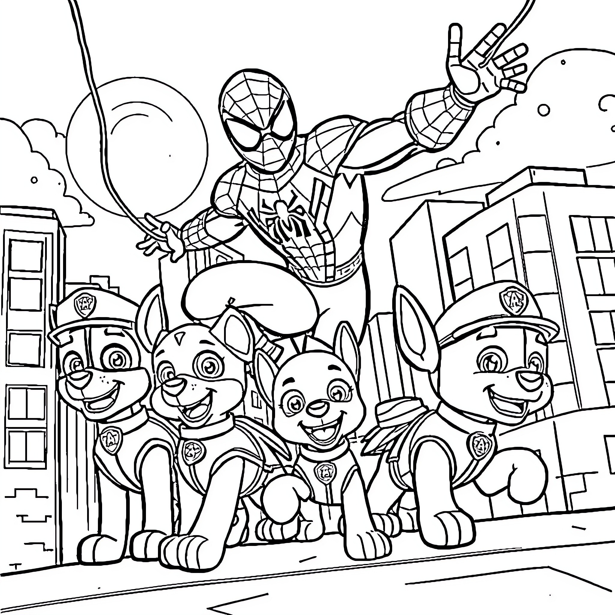 Spiderman and paw patrol team up for heroic adventure Coloring Page (free black-and-white line drawing printable PDF for all, from beginners to advanced learners, including children, teens, adults, and seniors)