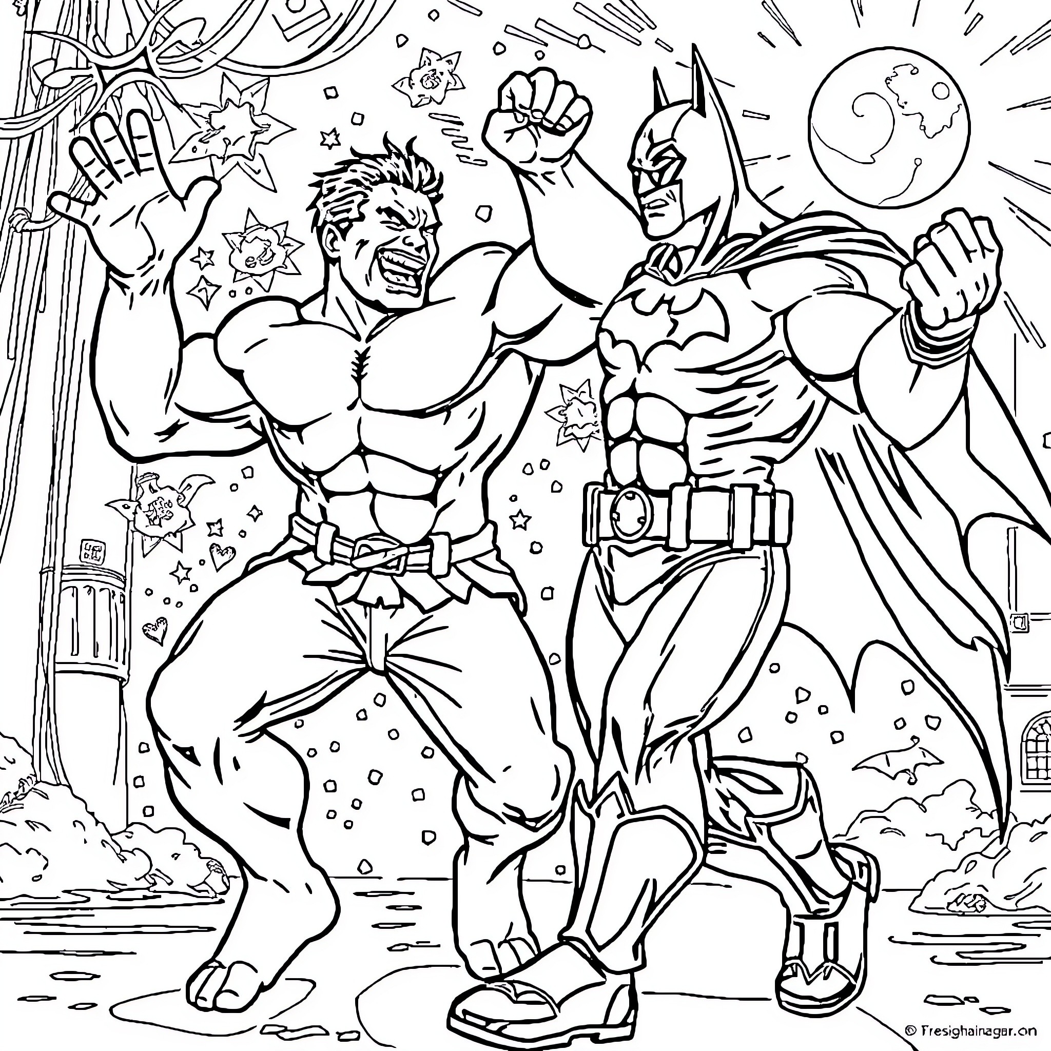 Hulk and Batman's heroic encounter in the night sky Coloring Page (free black-and-white line drawing printable PDF for all, from beginners to advanced learners, including children, teens, adults, and seniors)