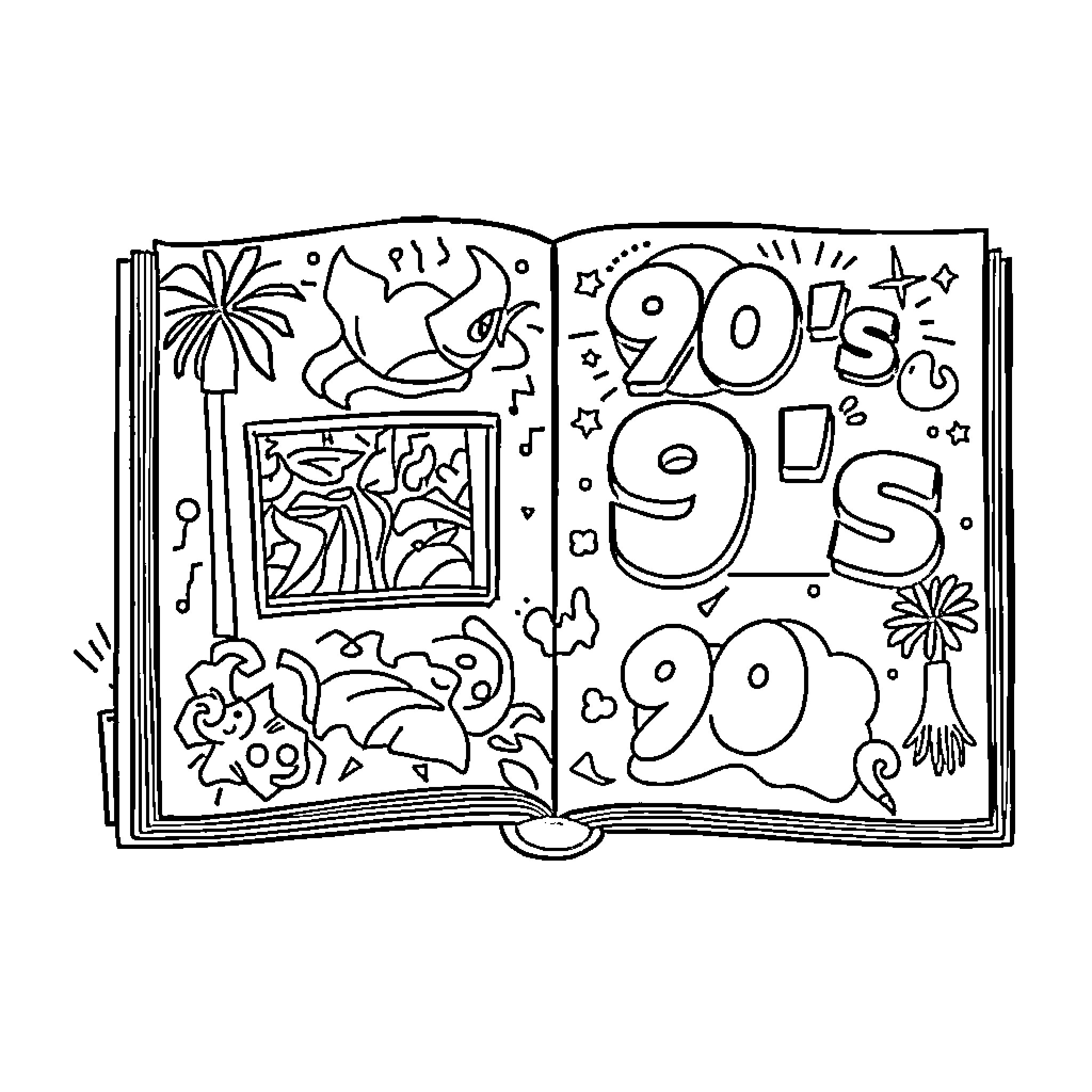 90's Book of Nostalgic Doodles and Celebrations Coloring Page (free black-and-white line drawing printable PDF for all, from beginners to advanced learners, including children, teens, adults, and seniors)