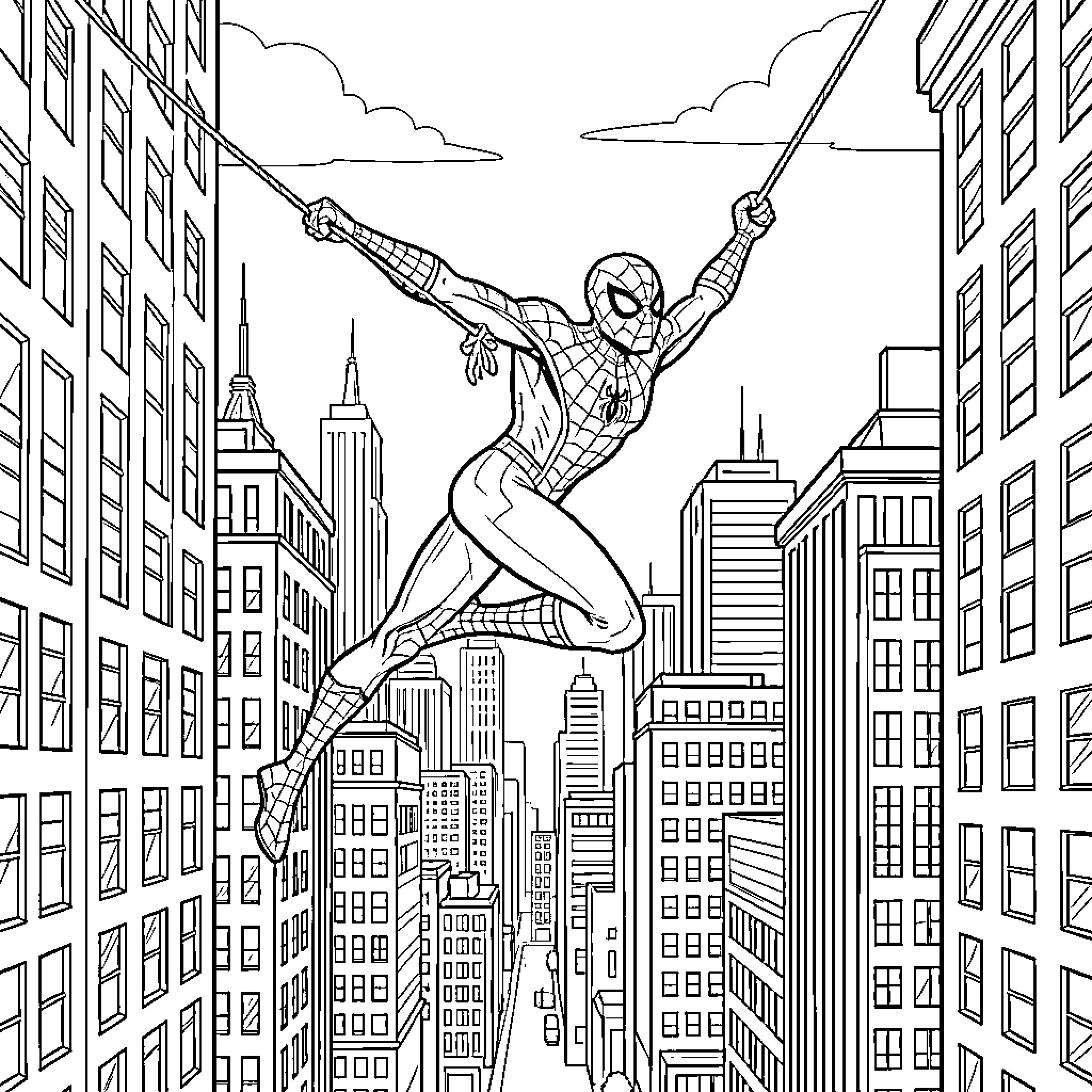 Spiderman swinging through a cityscape between tall buildings Coloring Page (free black-and-white line drawing printable PDF for all, from beginners to advanced learners, including children, teens, adults, and seniors)