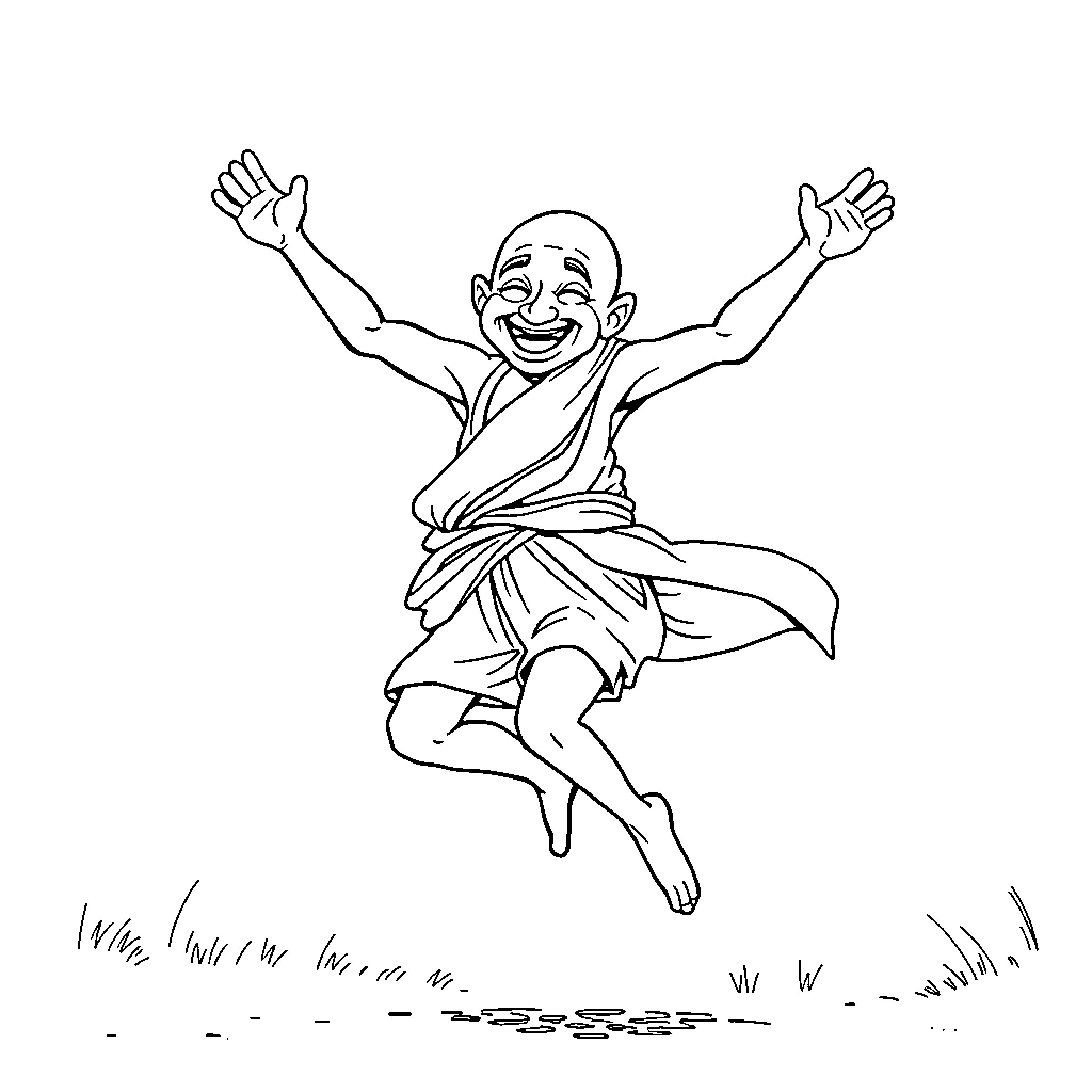 Gandhi Joyfully Jumping with Arms Raised Coloring Page (free black-and-white line drawing printable PDF for all, from beginners to advanced learners, including children, teens, adults, and seniors)