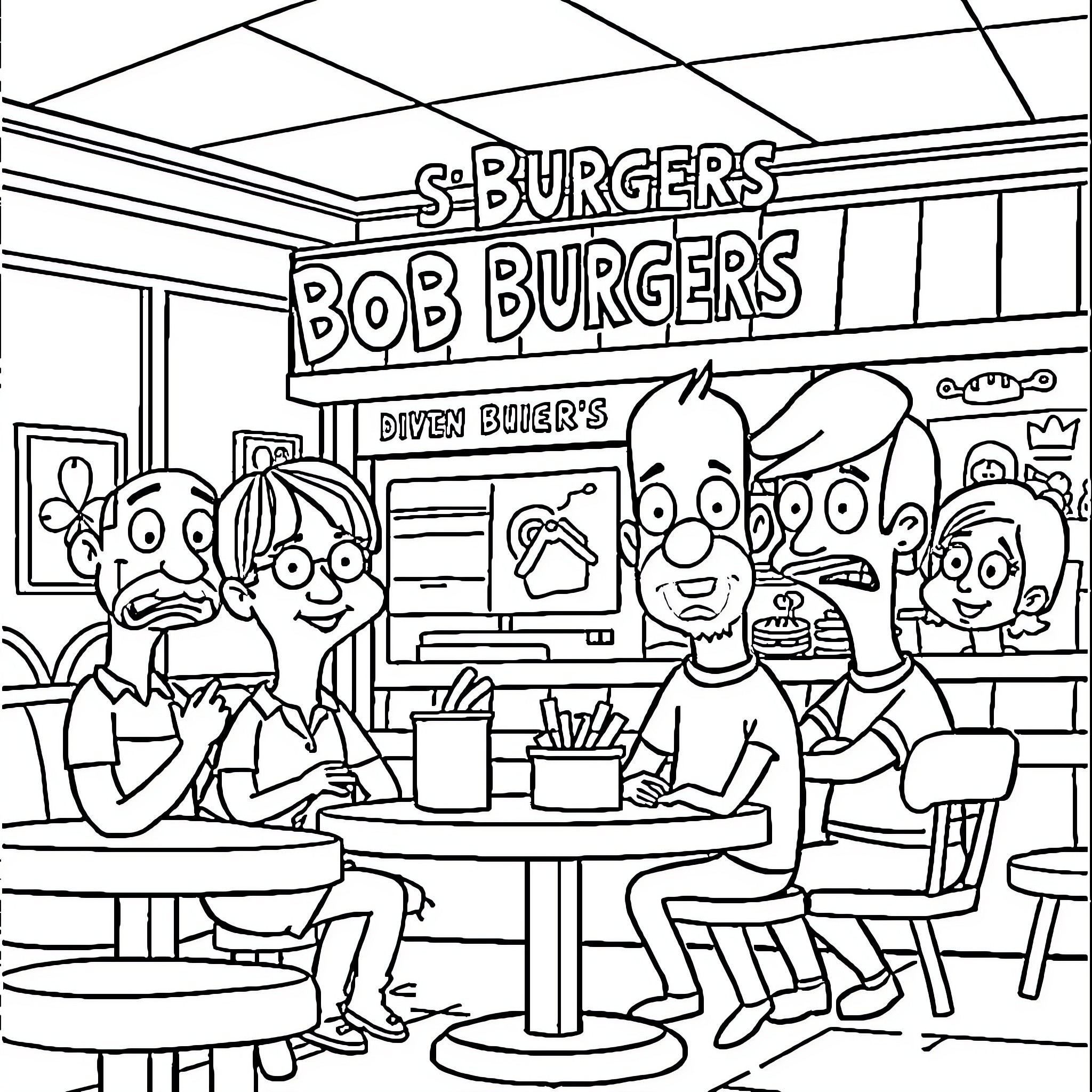 Bob's Burgers: Family dining at the restaurant Coloring Page (free black-and-white line drawing printable PDF for all, from beginners to advanced learners, including children, teens, adults, and seniors)