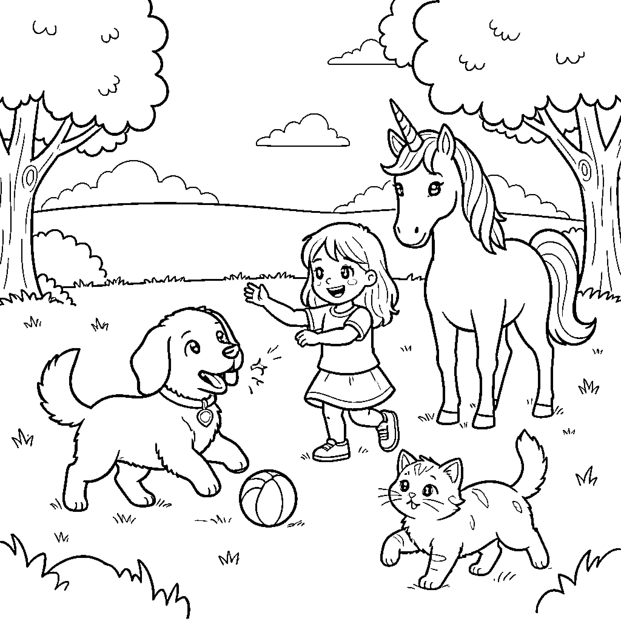Dog playing with a ball and a young girl Coloring Page (free black-and-white line drawing printable PDF for all, from beginners to advanced learners, including children, teens, adults, and seniors)