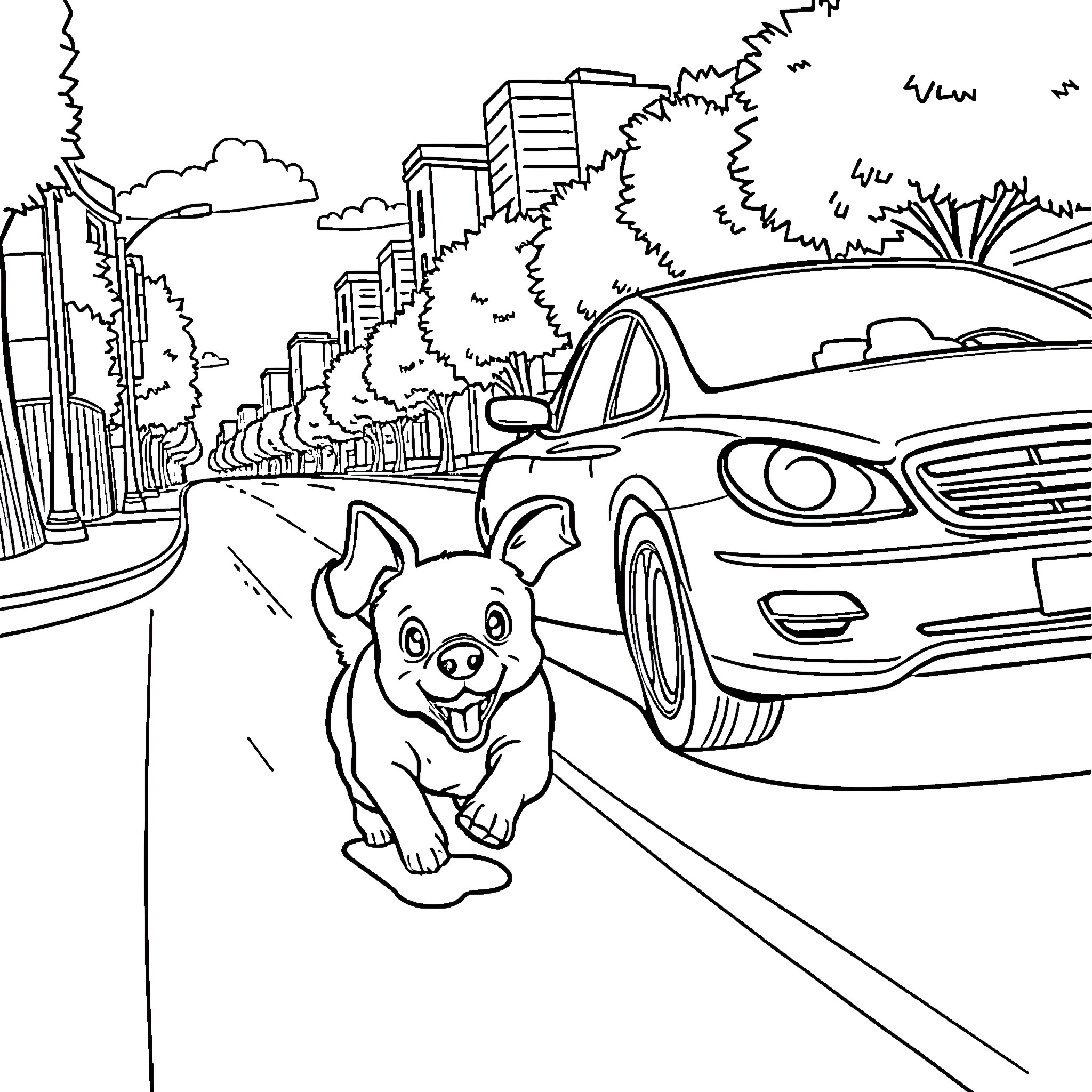 Dog happily exploring the city streets Coloring Page (free black-and-white line drawing printable PDF for all, from beginners to advanced learners, including children, teens, adults, and seniors)